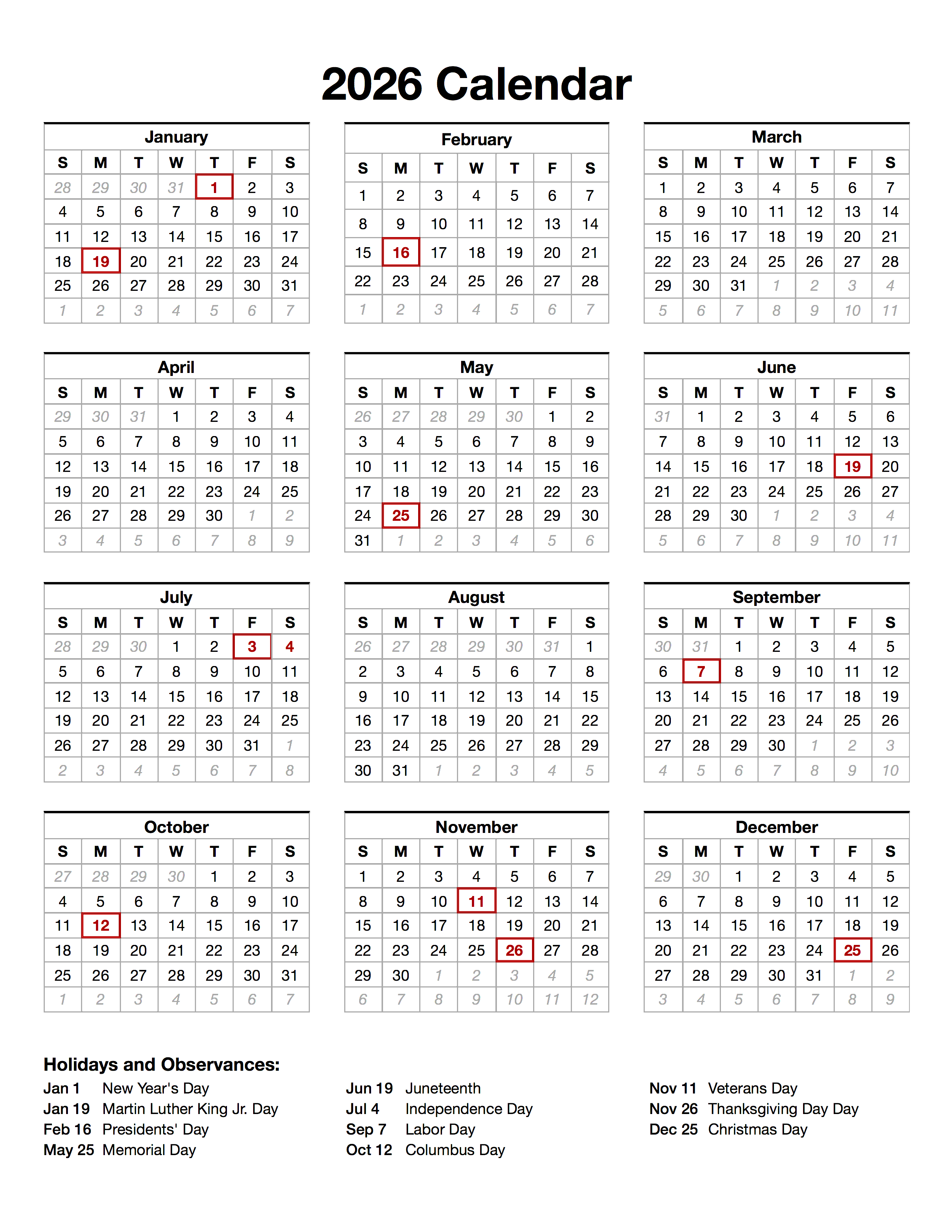 2026 Calendar with Holidays