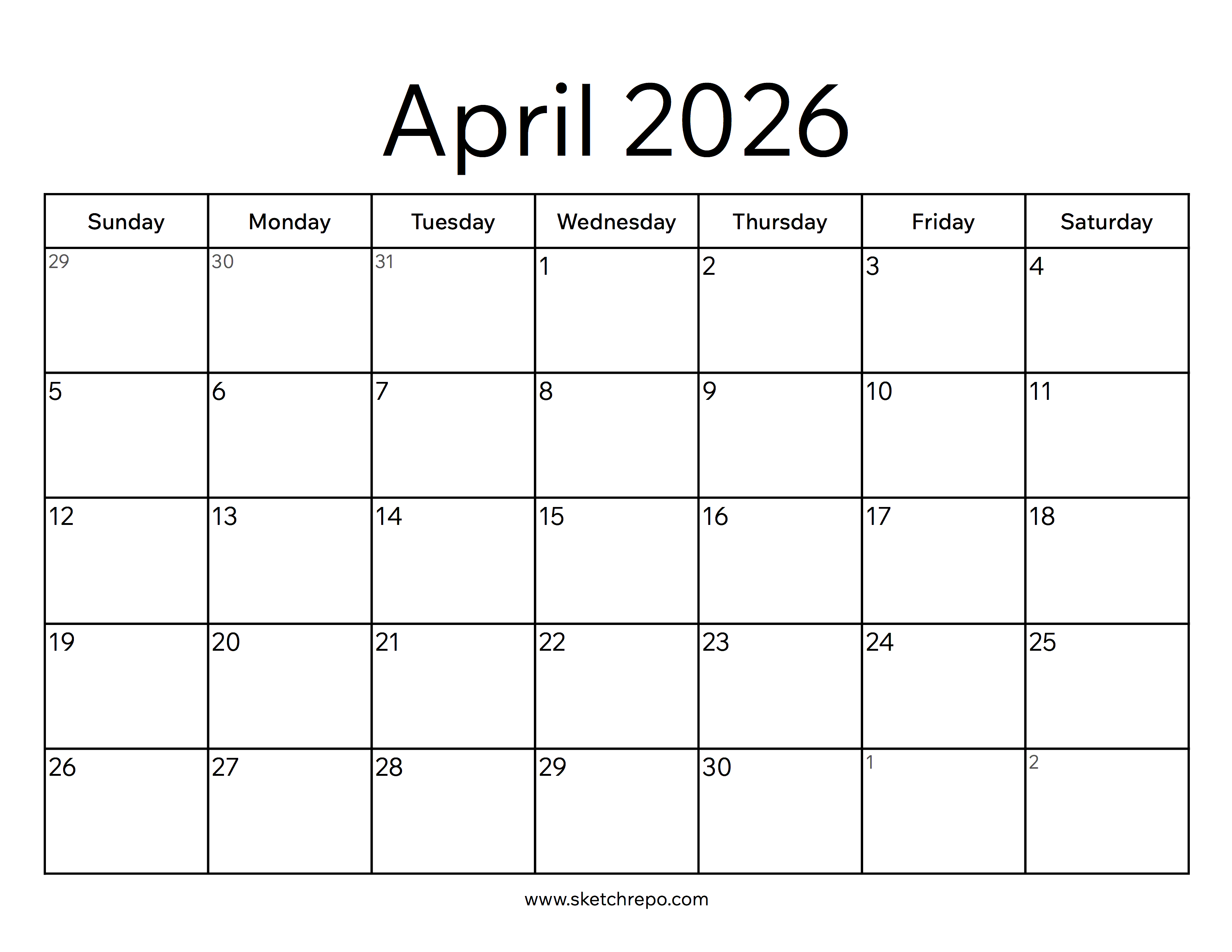 April 2026 Calendar