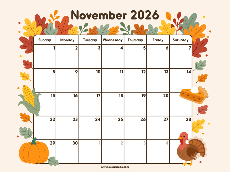 cute illustrated November 2026 calendar with fall symbols