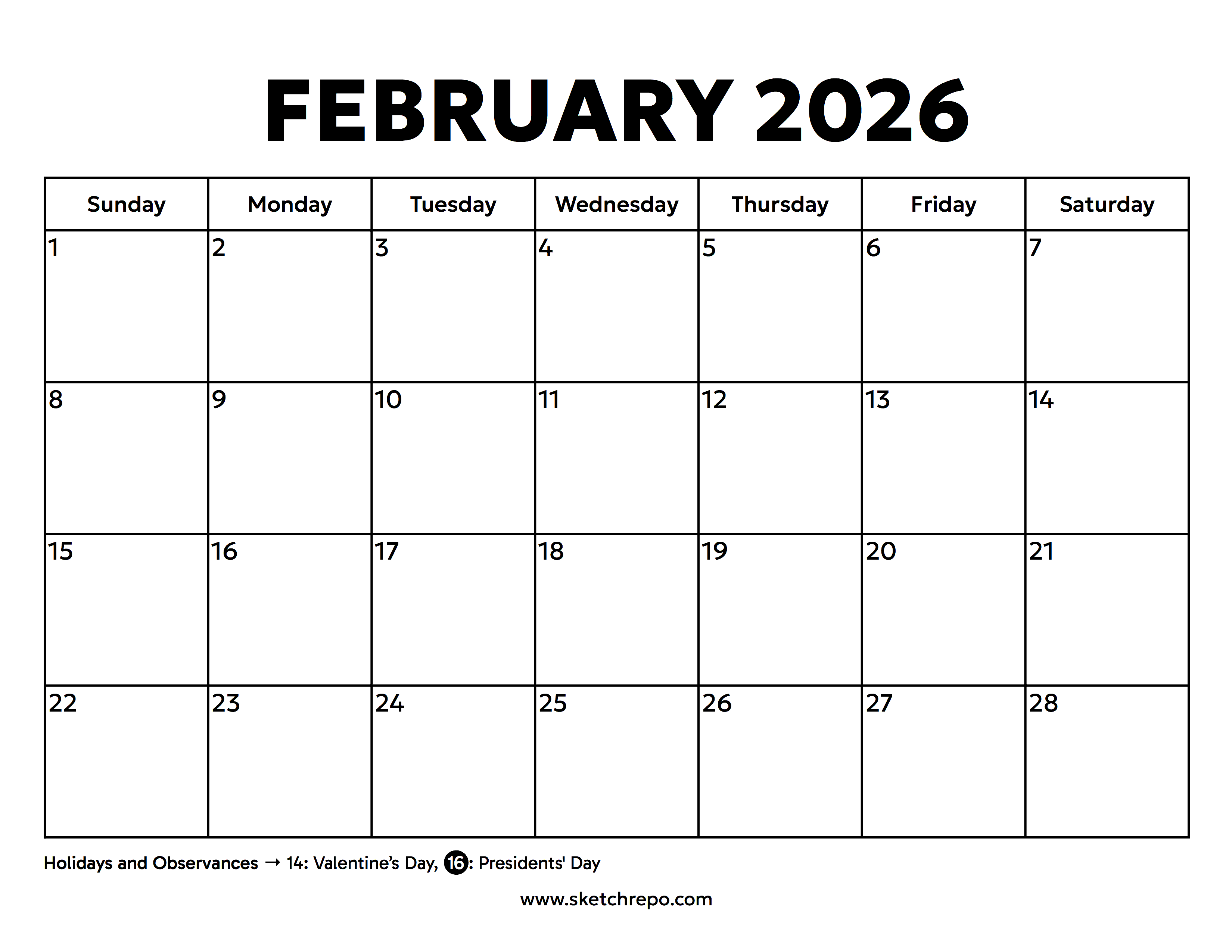 February 2026 Calendar With Holidays