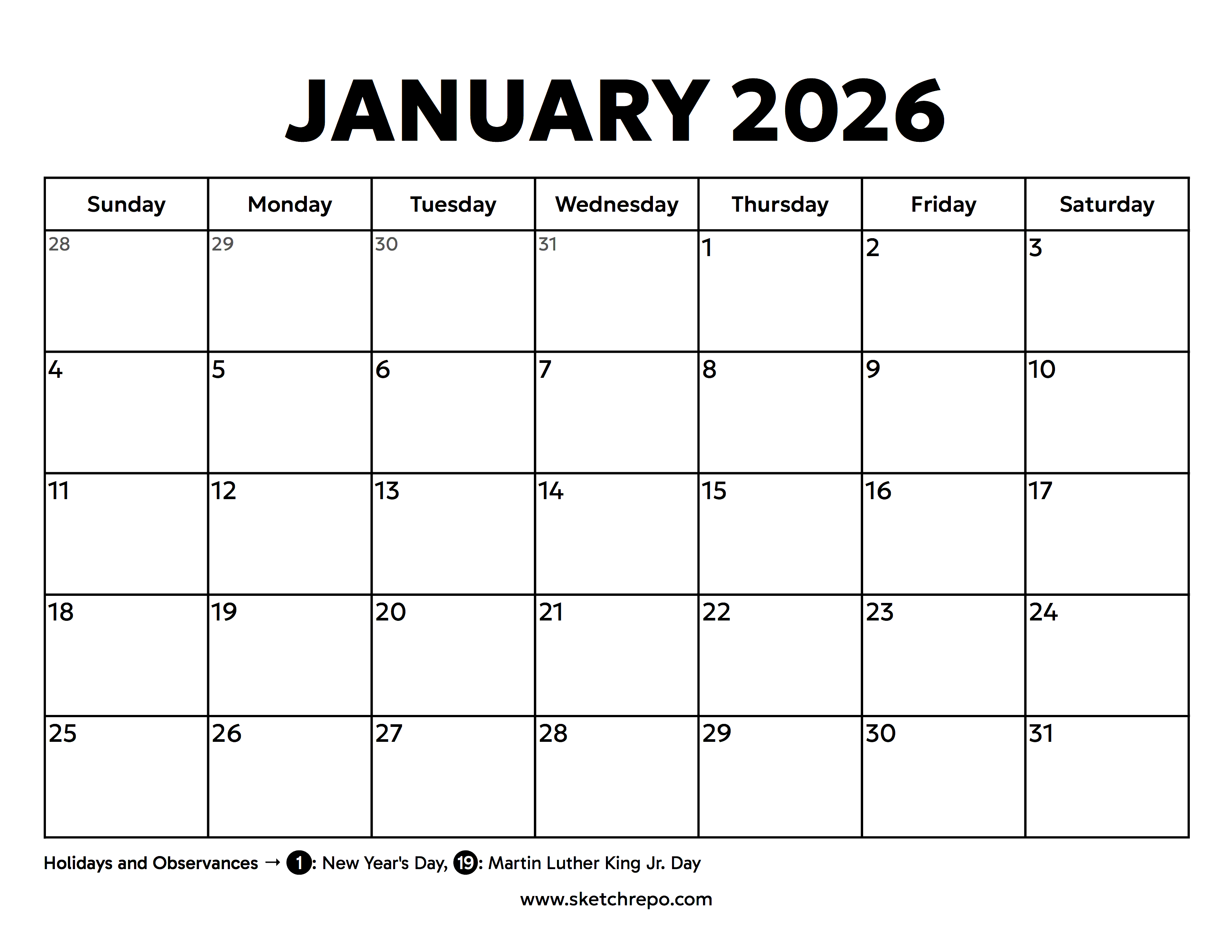 January 2026 Calendar With Holidays