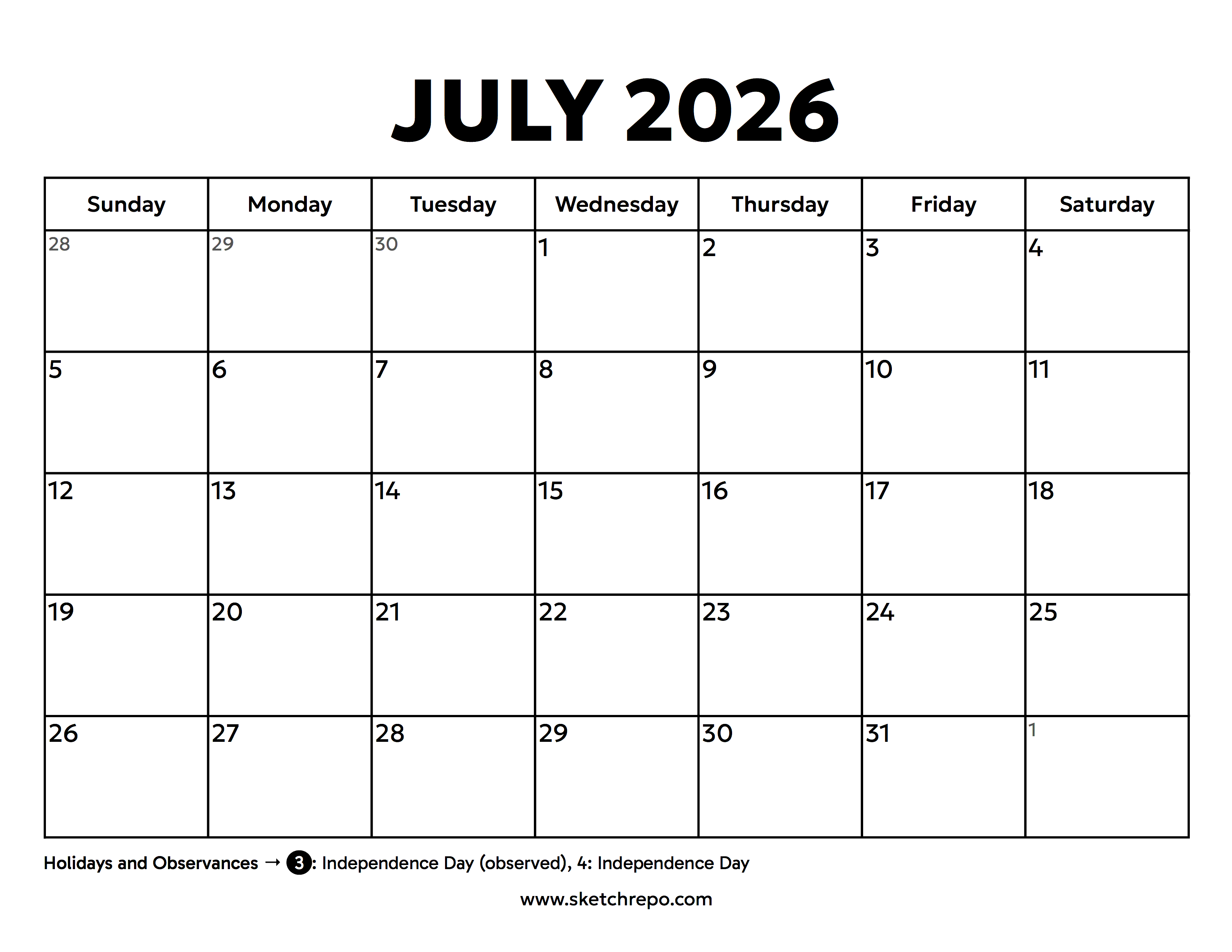 July 2026 Calendar With Holidays