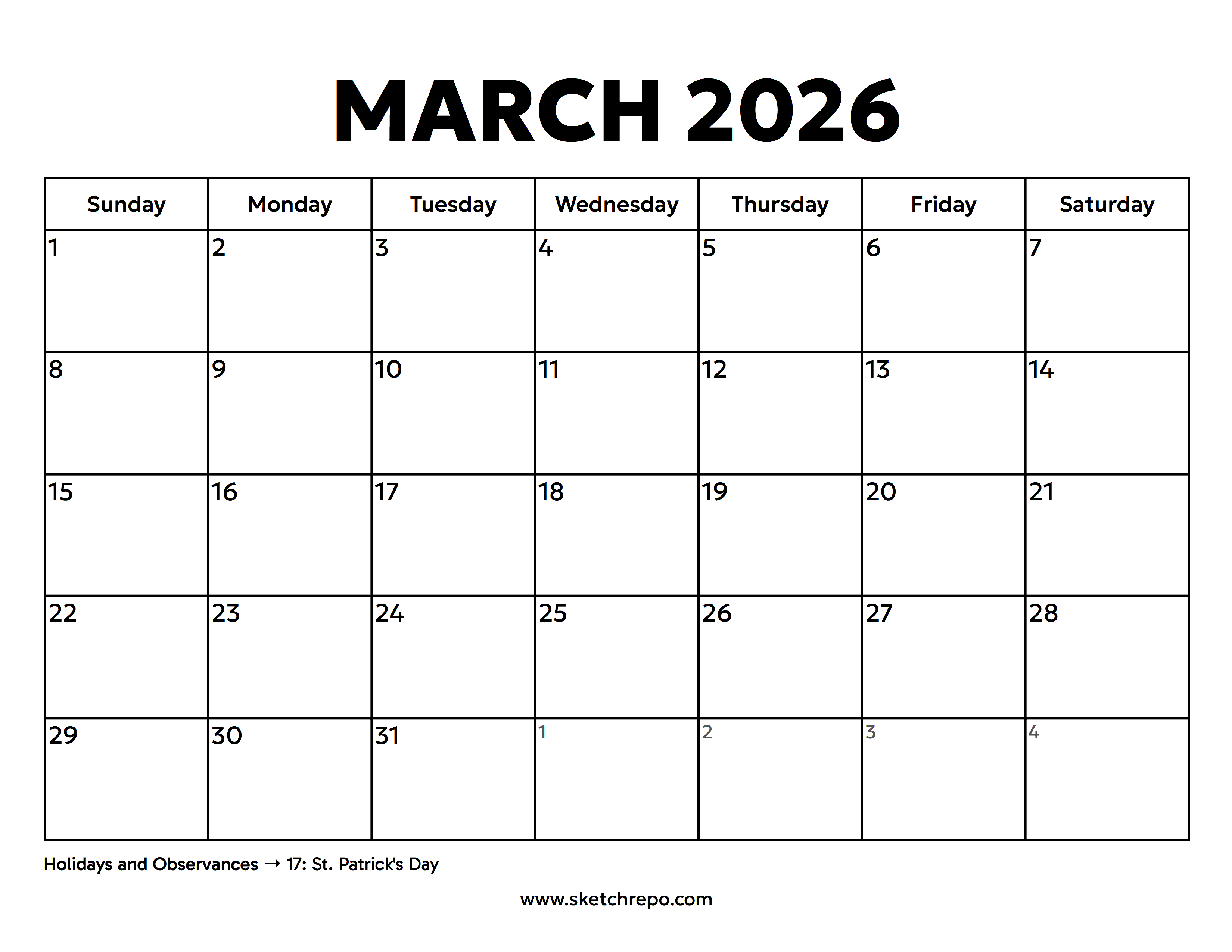 March 2026 Calendar With Holidays