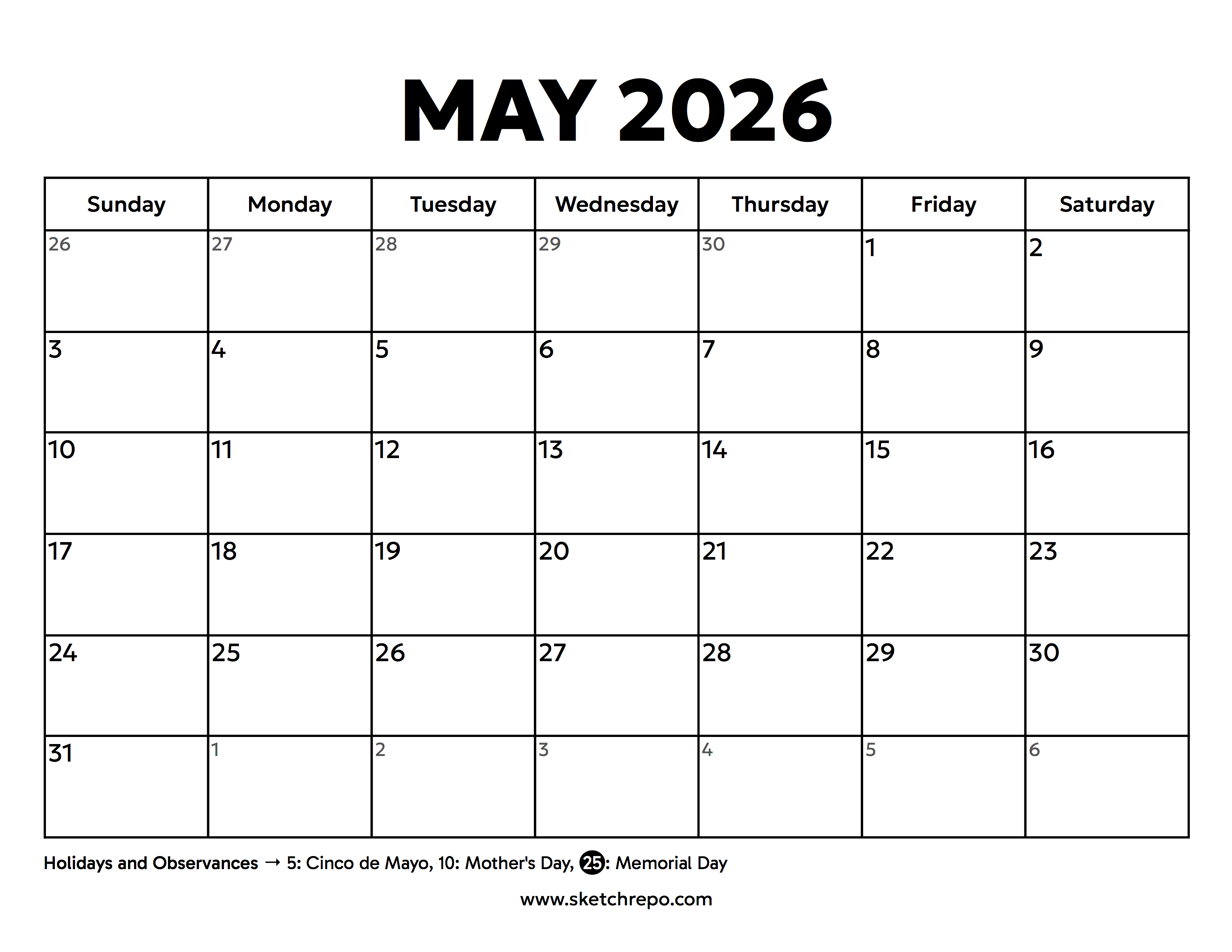 May 2026 Calendar With Holidays