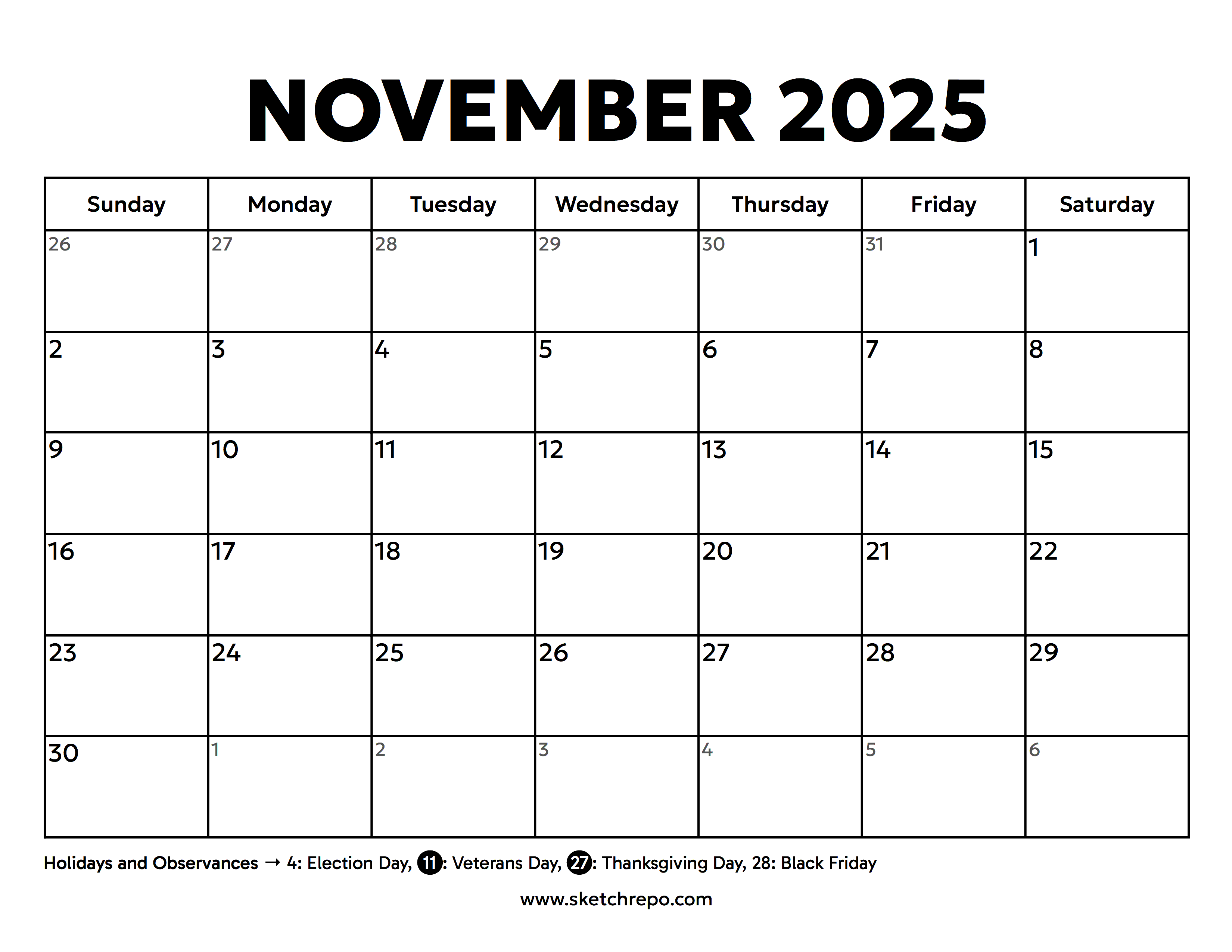 November 2025 Calendar With Holidays