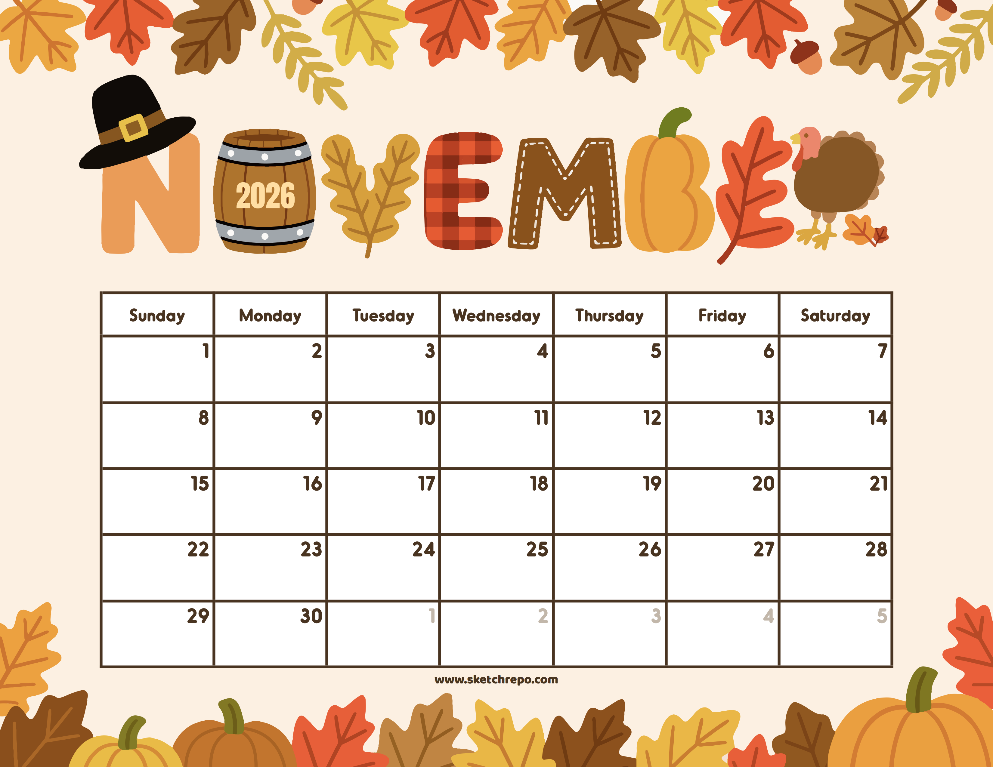 Thanksgiving November 2026 Calendar