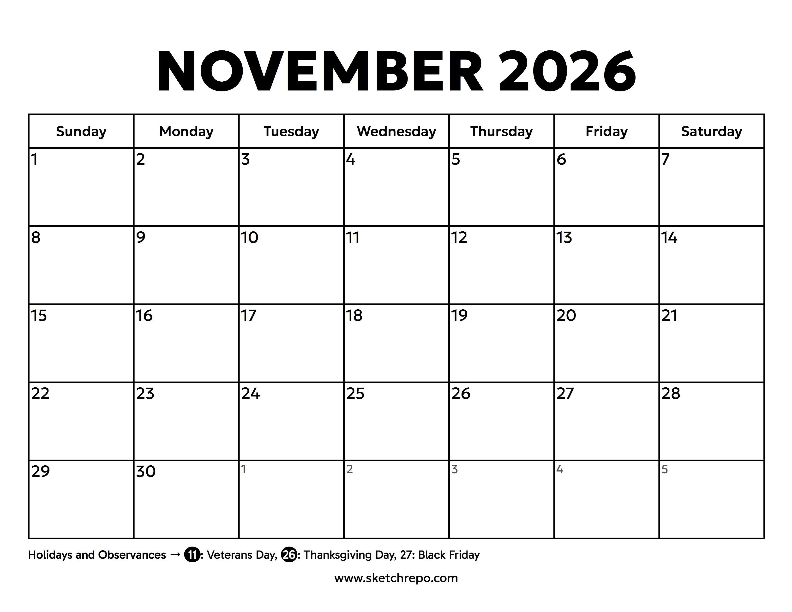 November 2026 Calendar With Holidays
