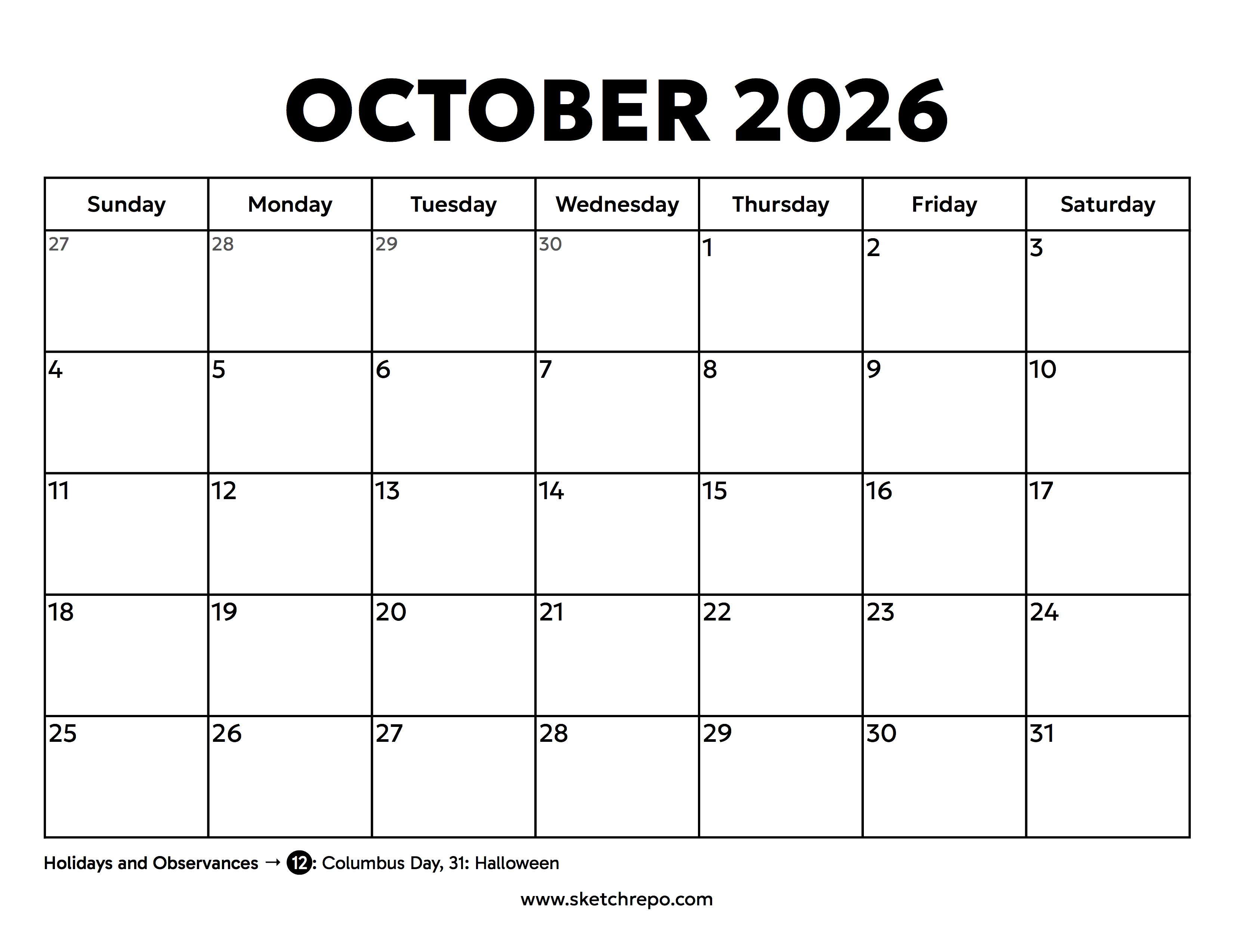 October 2026 Calendar With Holidays