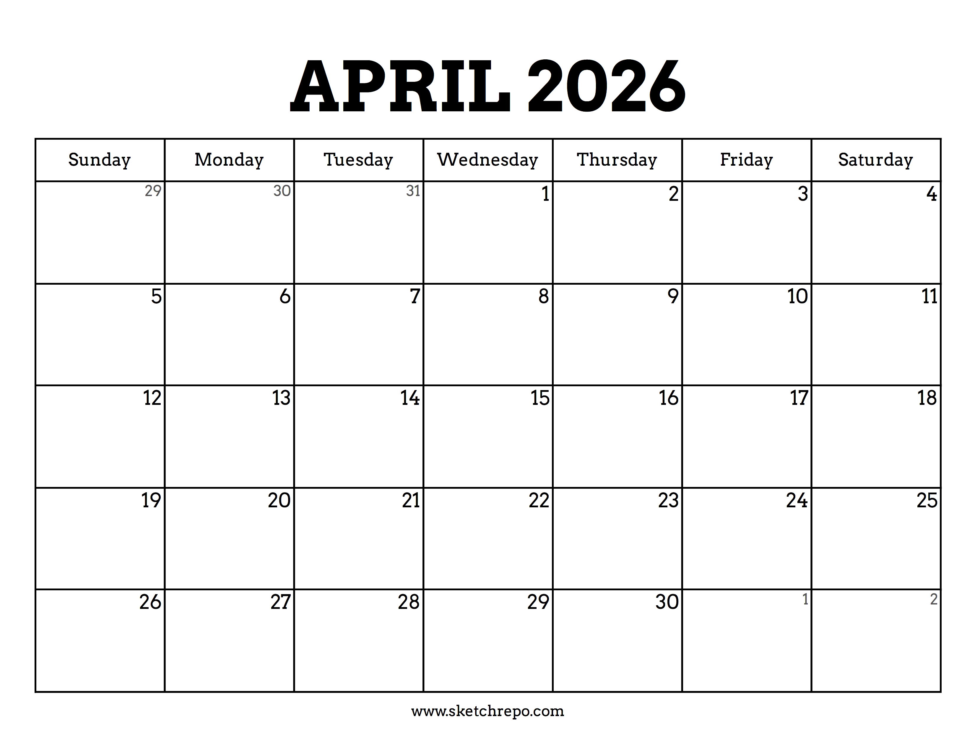 Printable April 2026 Calendar