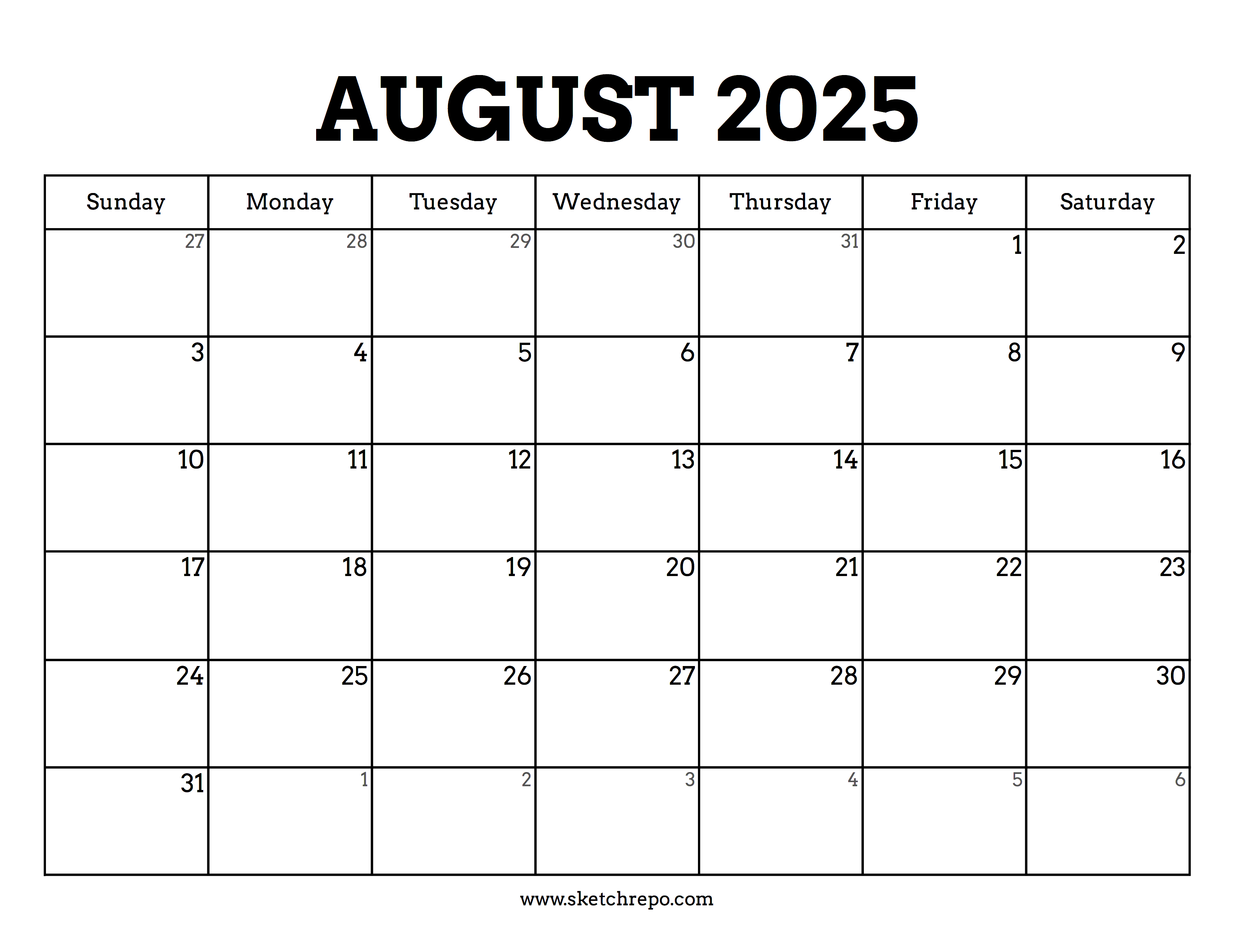 Printable August 2025 Calendar