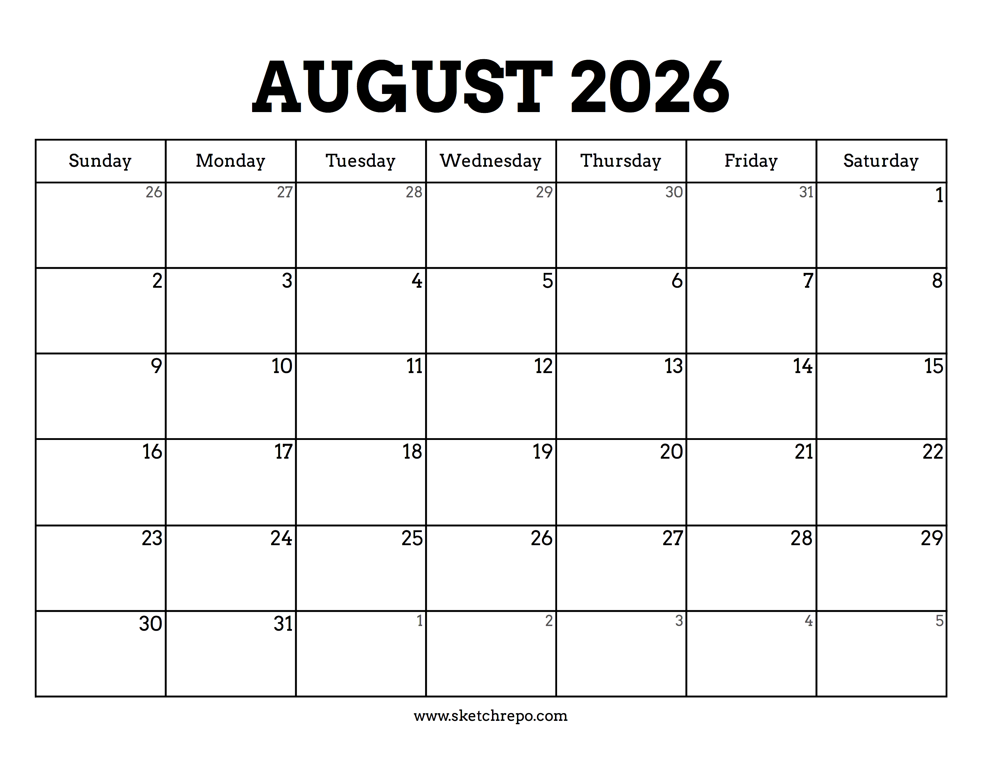 Printable August 2026 Calendar