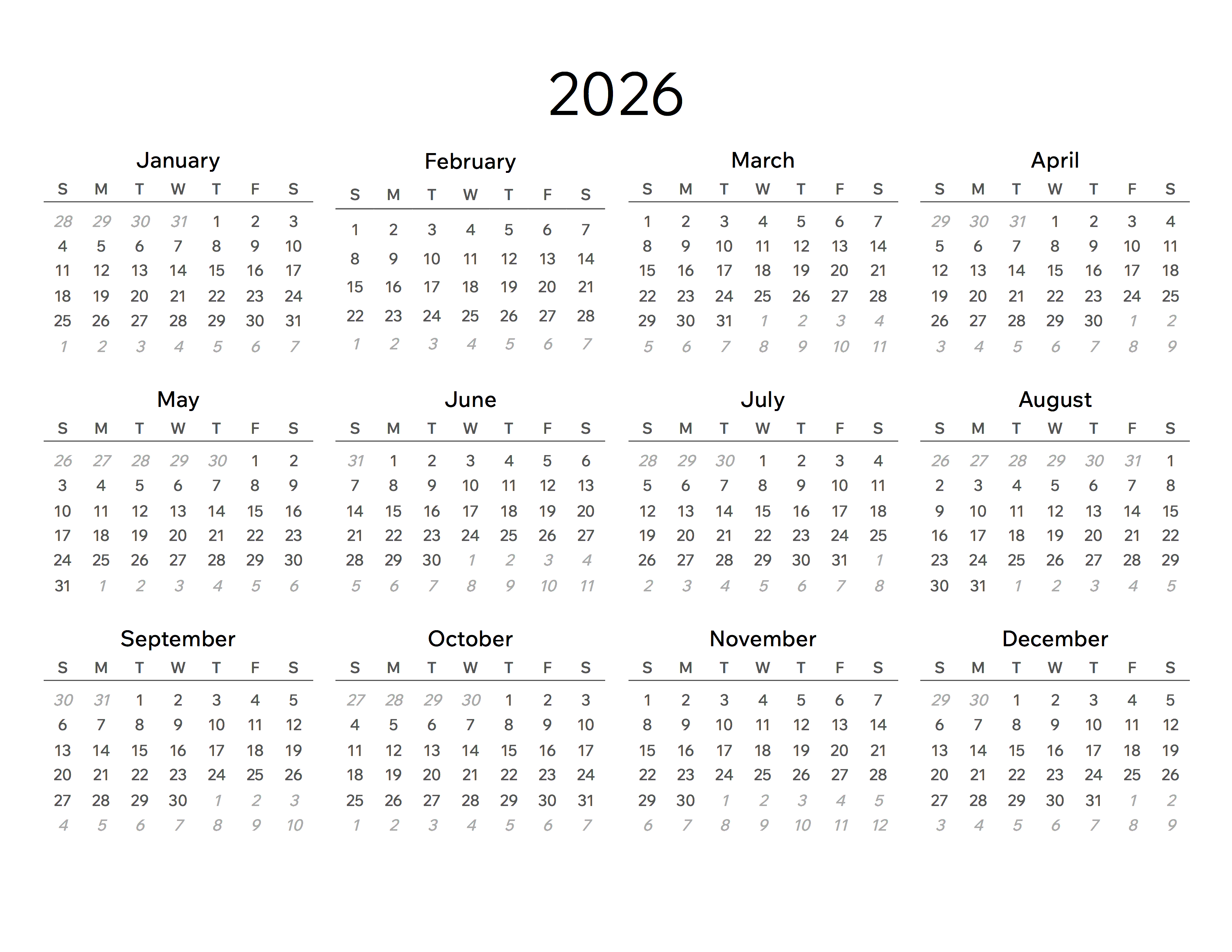 Printable 2026 Calendar