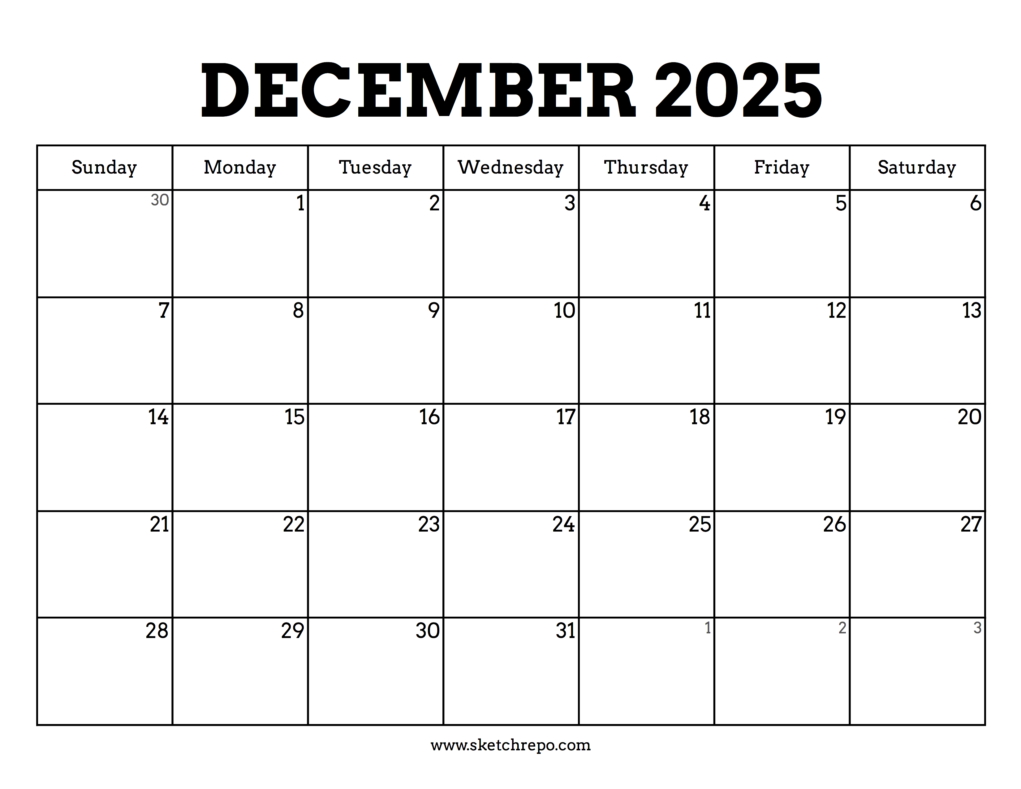 Printable December 2025 Calendar