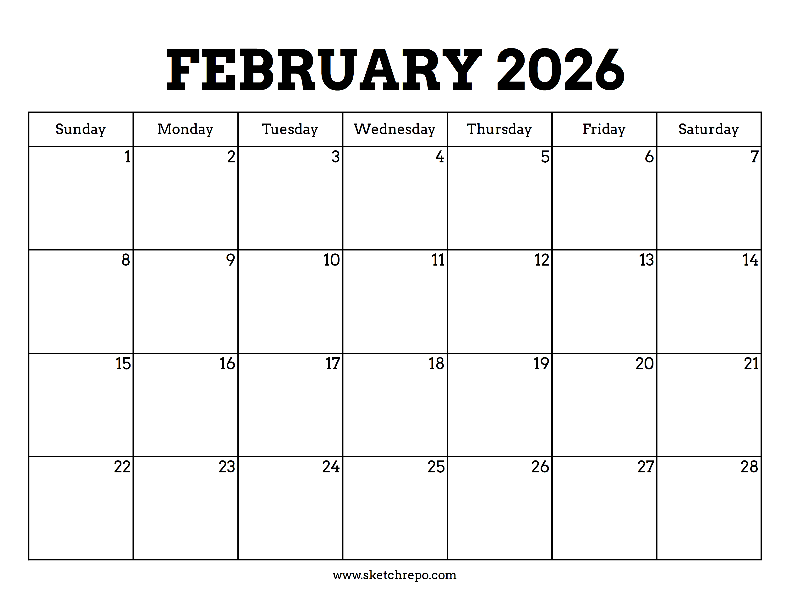 Printable February 2026 Calendar