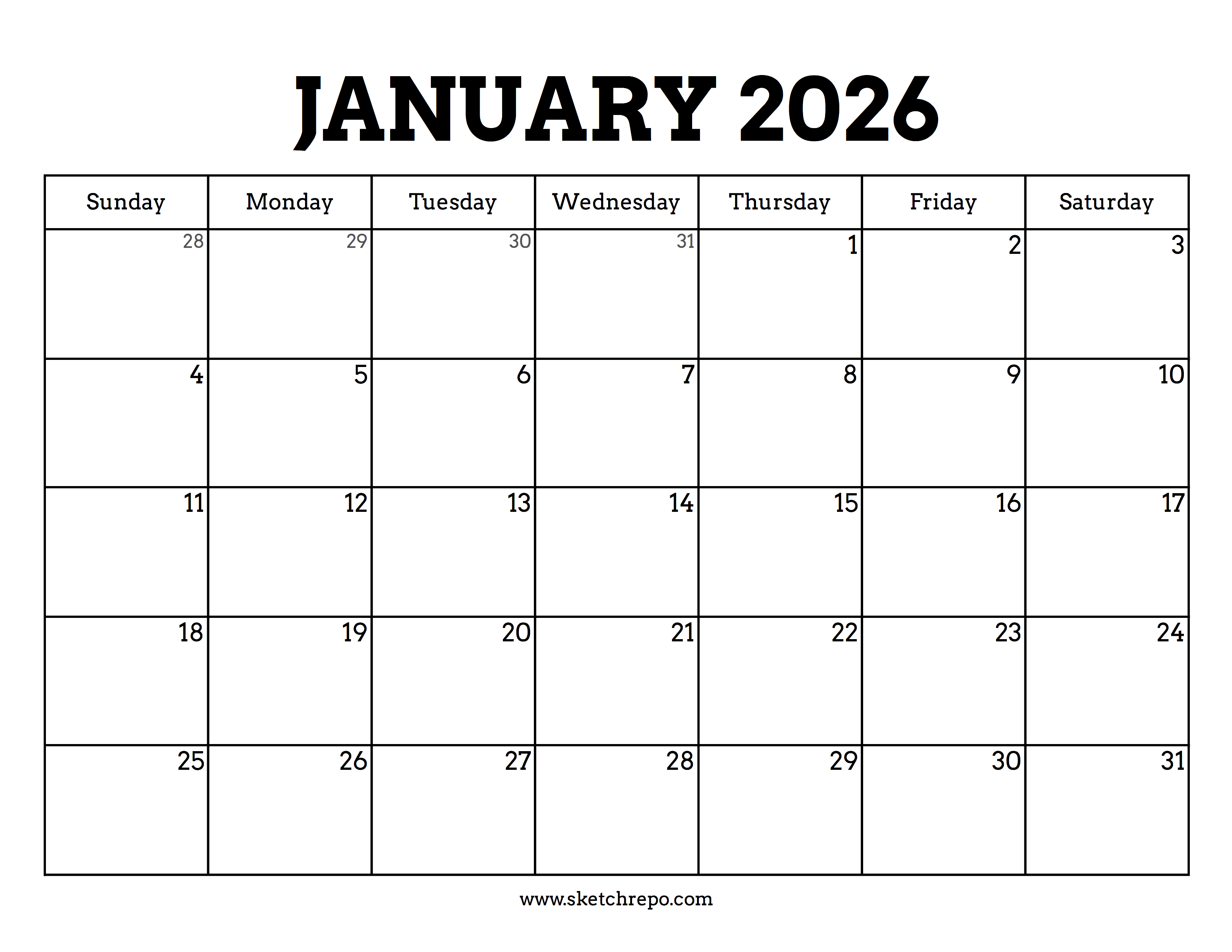 Printable January 2026 Calendar