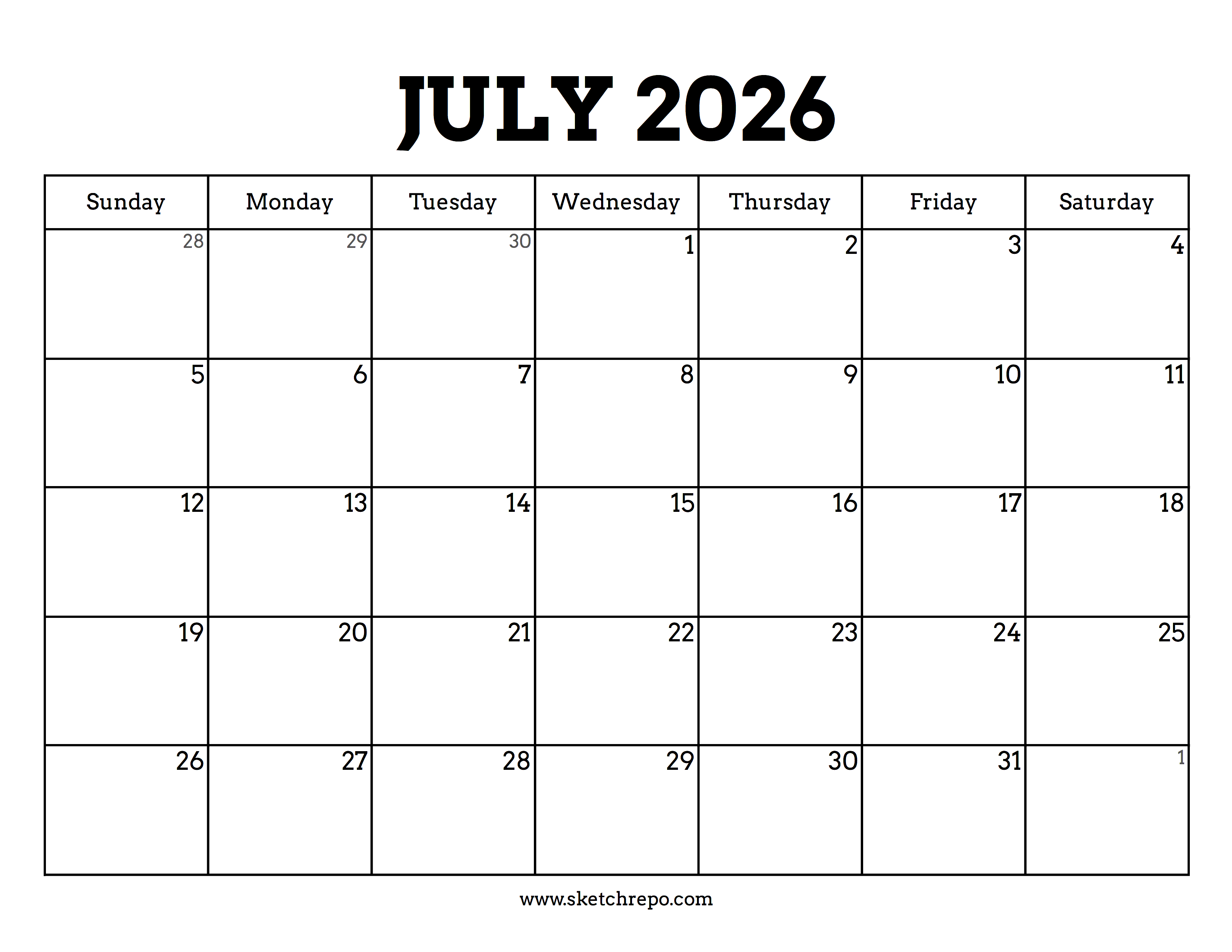 Printable July 2026 Calendar
