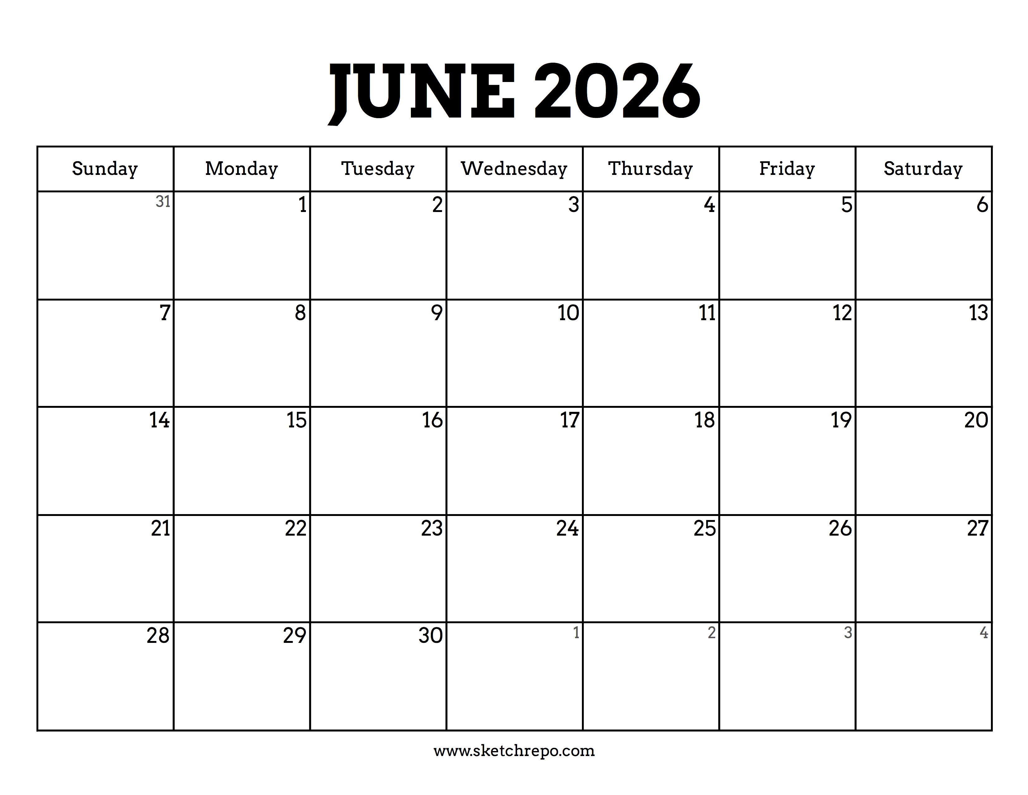 Printable June 2026 Calendar