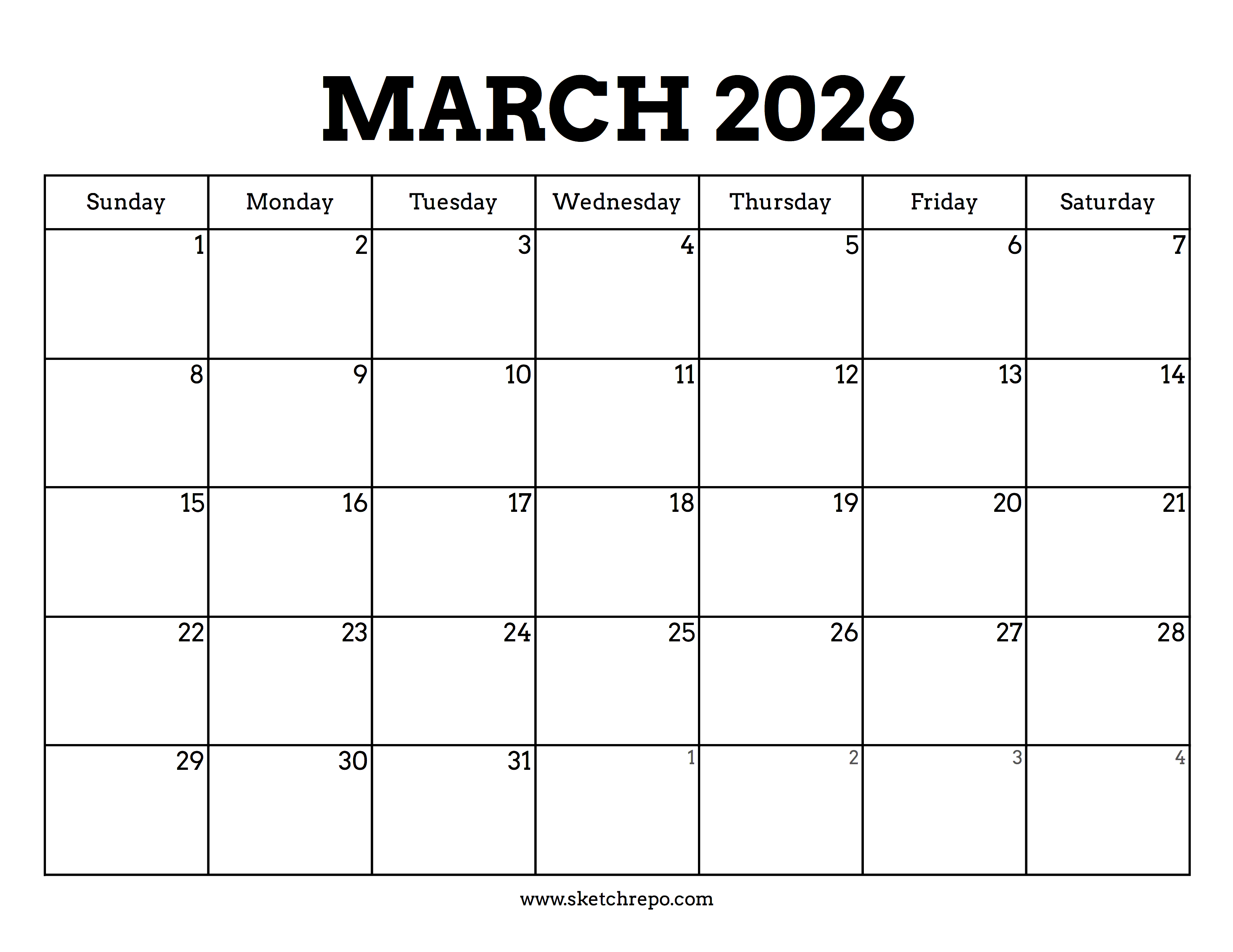 Printable March 2026 Calendar