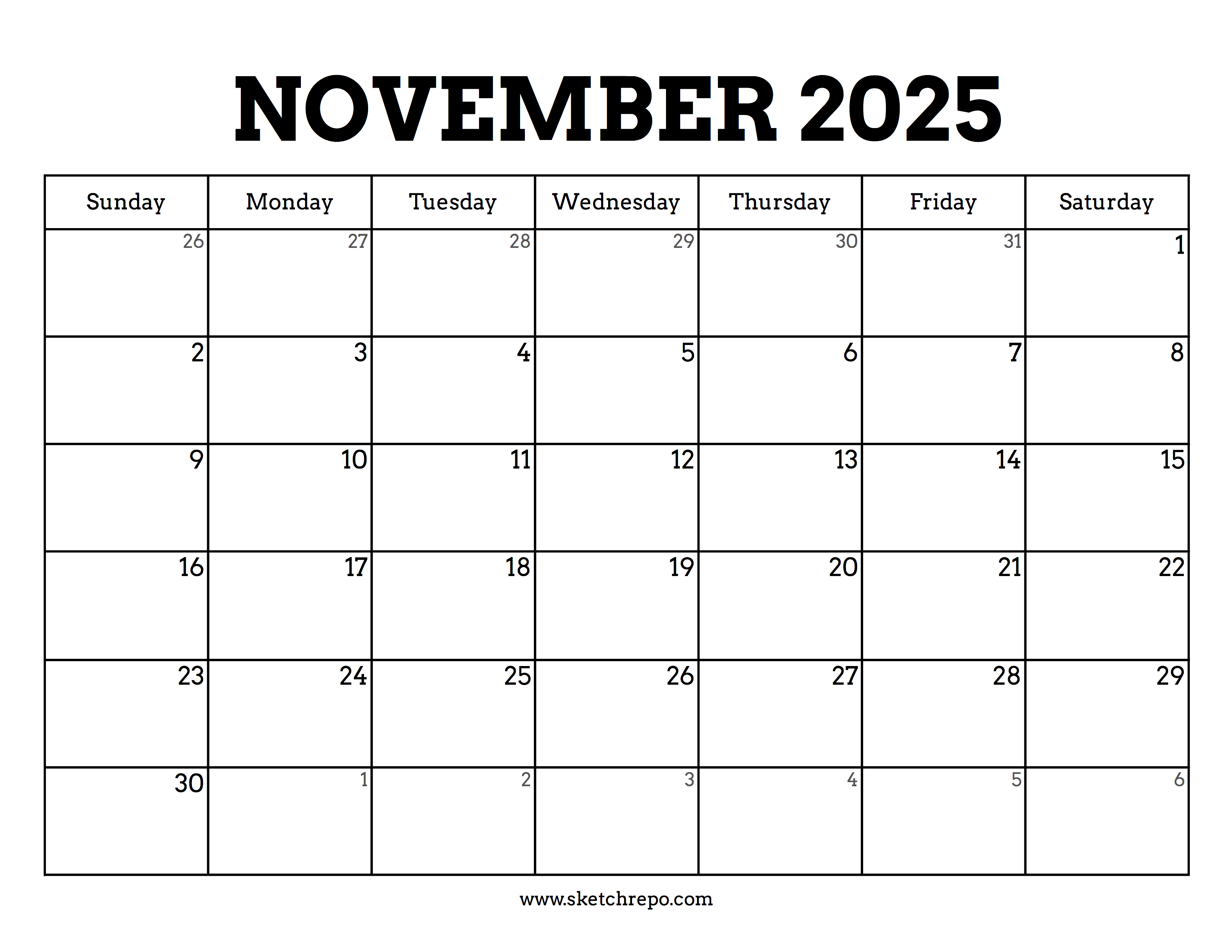 Printable November 2025 Calendar