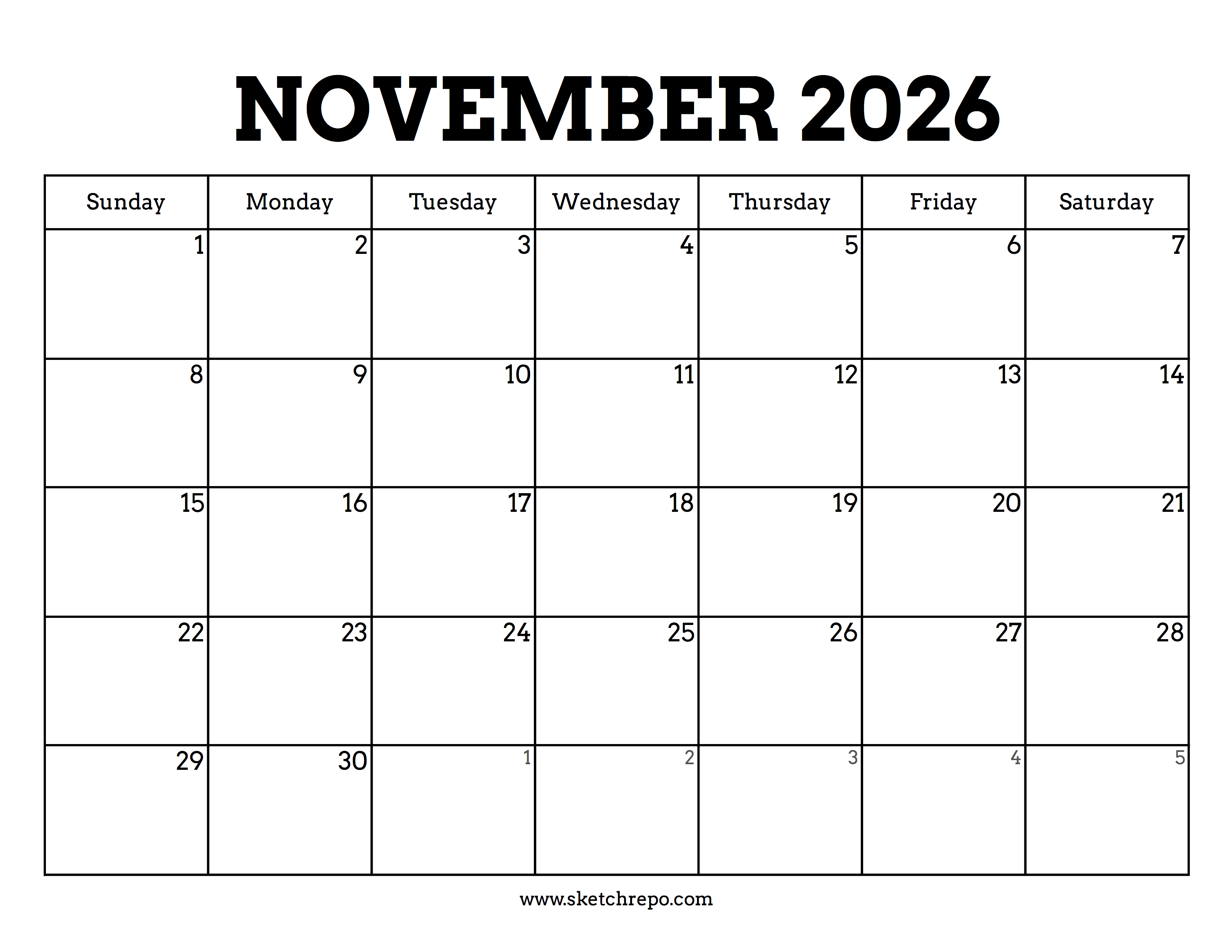 Printable November 2026 Calendar