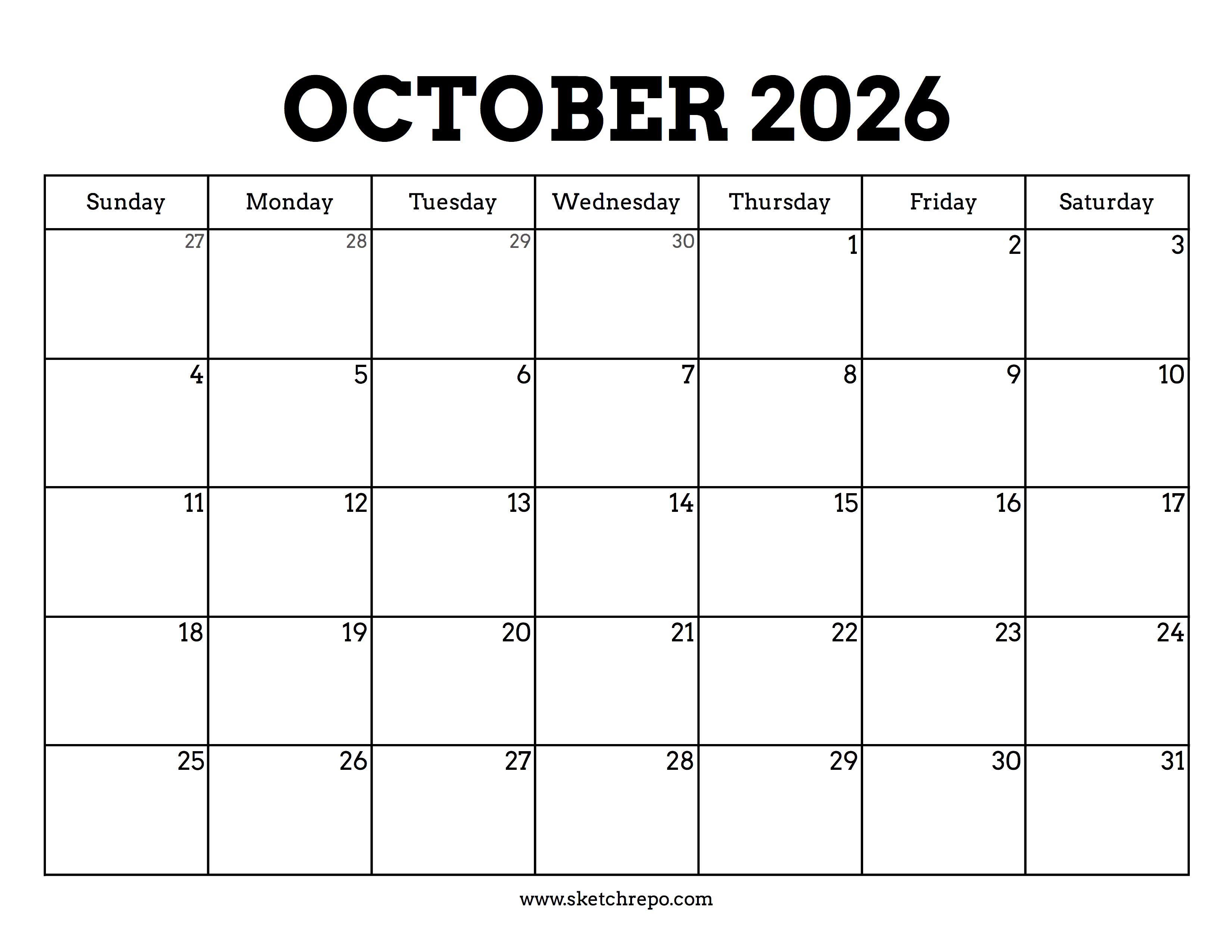 Printable October 2026 Calendar