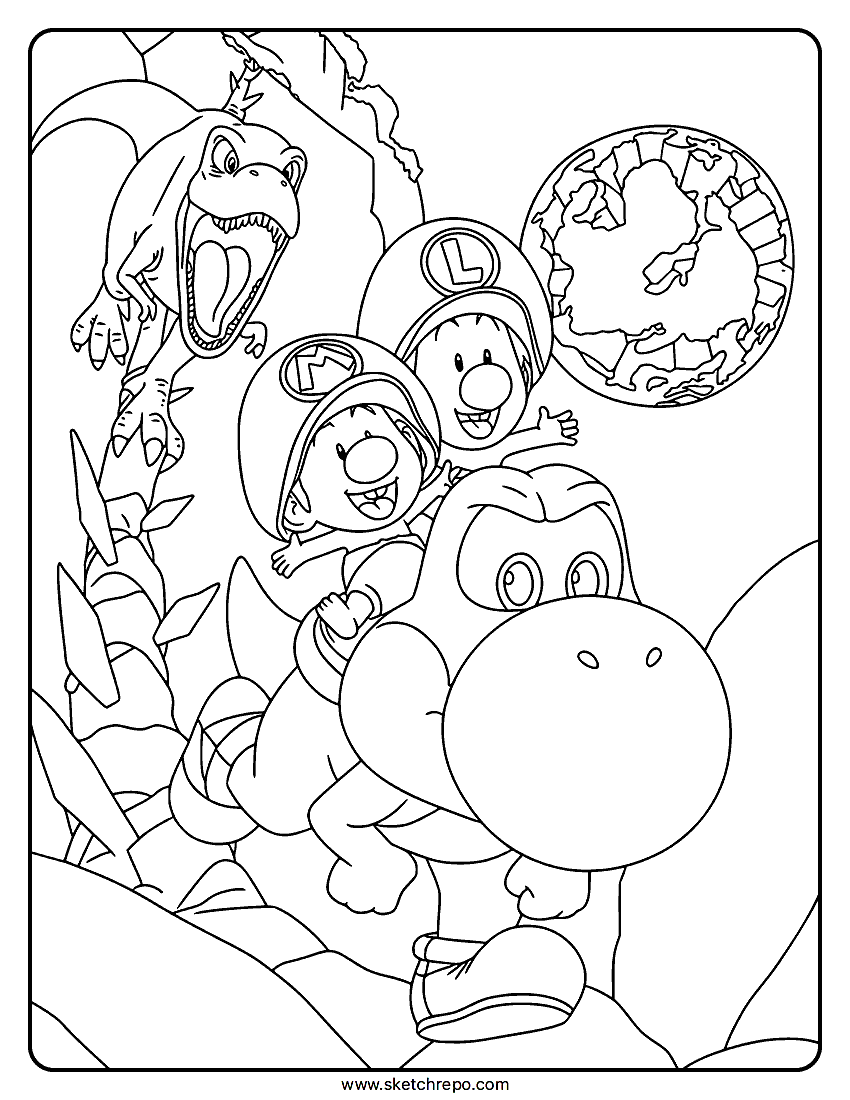 Baby Mario, Baby Luigi & Yoshi Coloring Page