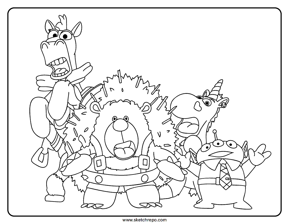 Bullseye, Pricklepants, Buttercup and Alien Coloring Page