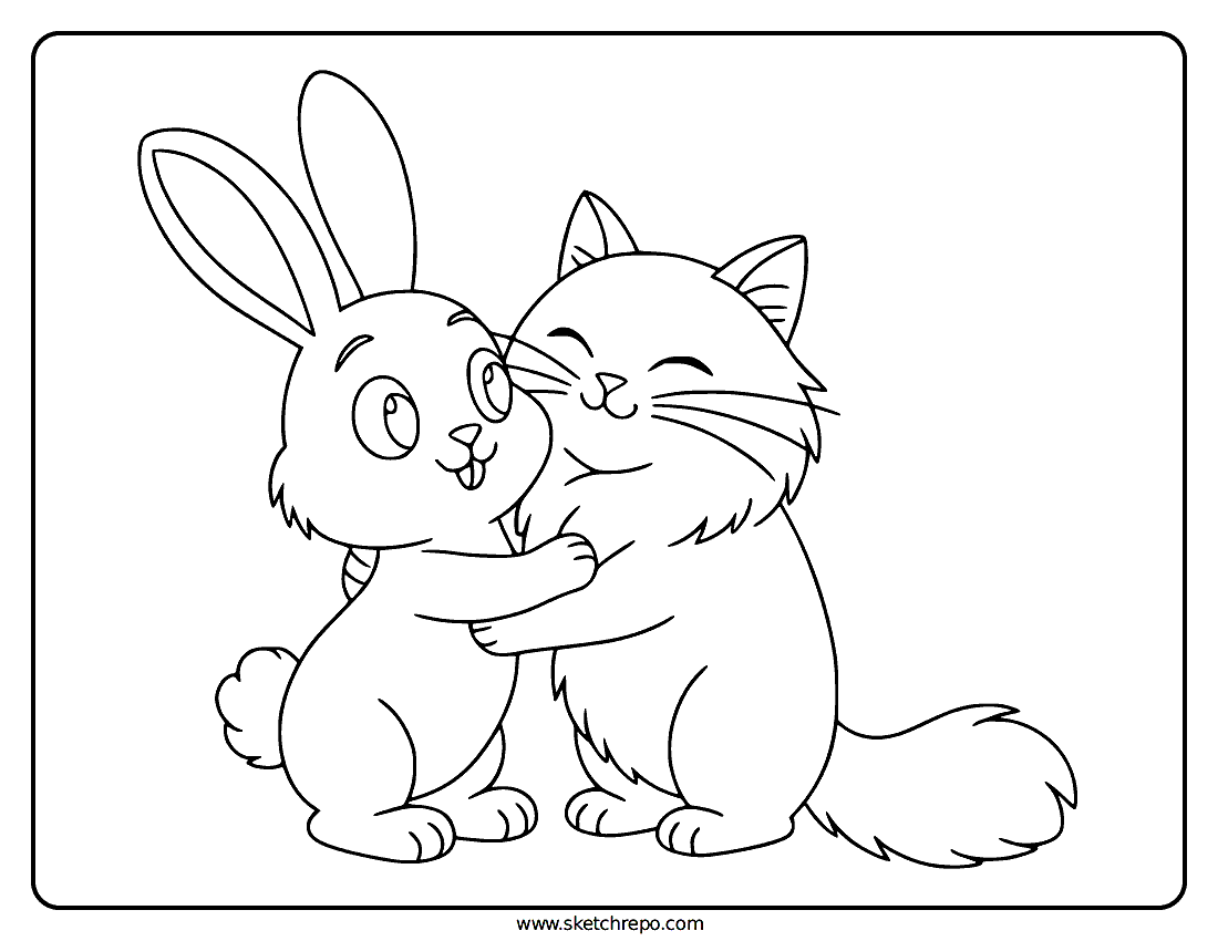 Bunny And Cat Coloring Page