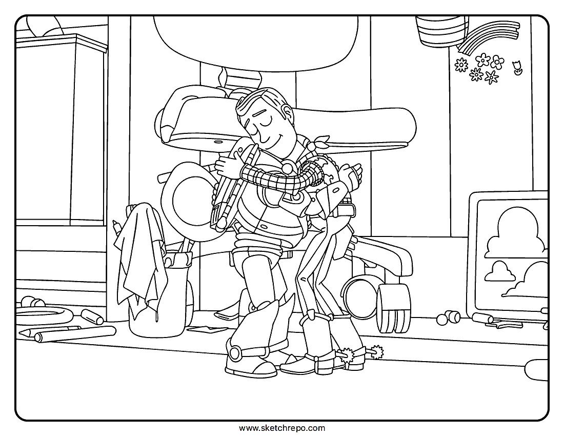 Buzz and Woody Hugging Coloring Sheet
