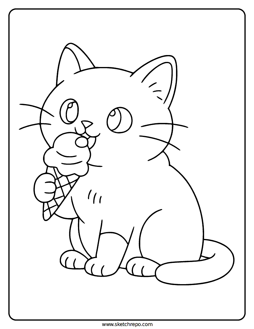 Cat Eating Ice Cream Coloring Page