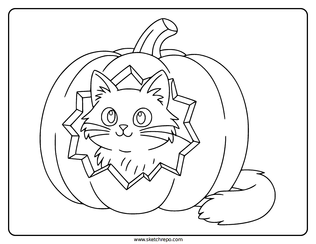 Cat In Pumpkin Coloring Page