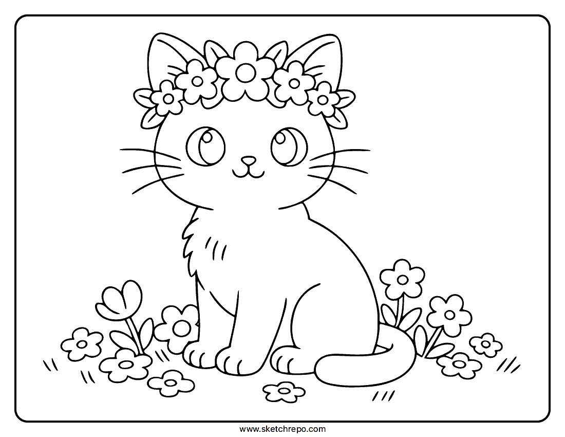 Cat With Flowers Coloring Page