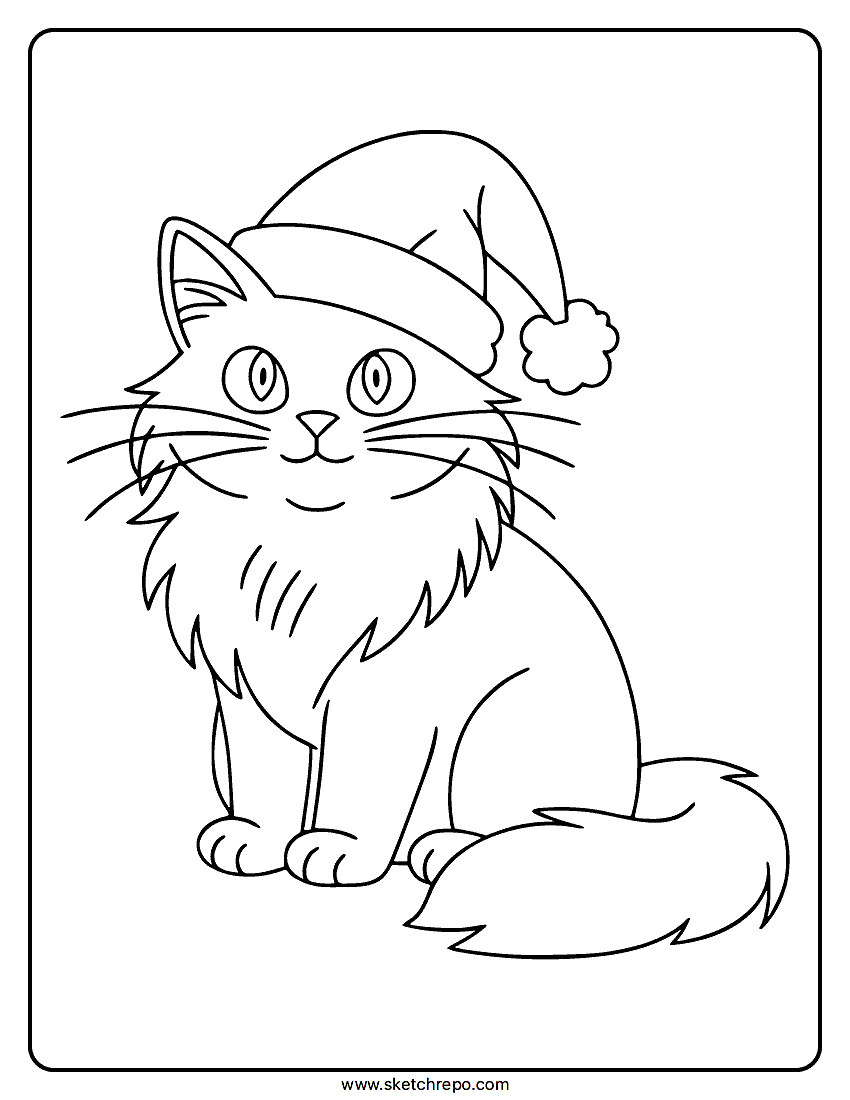 Cat With Santa Hat Coloring Page