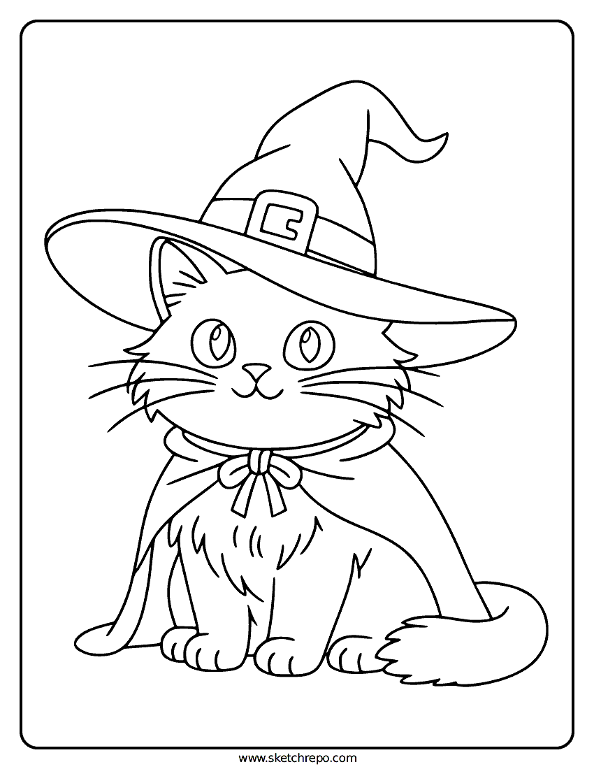 Cat With Witch Hat Coloring Page