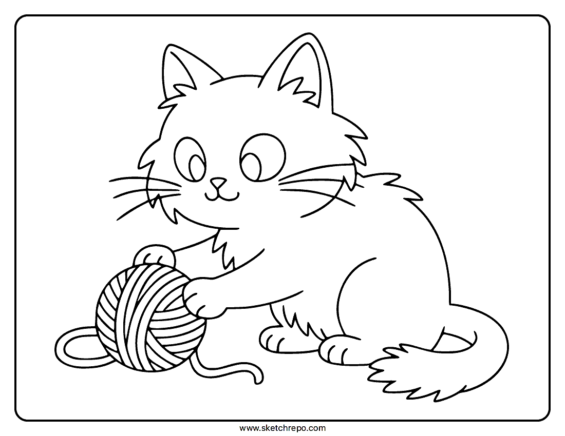 Cat With Yarn Coloring Page