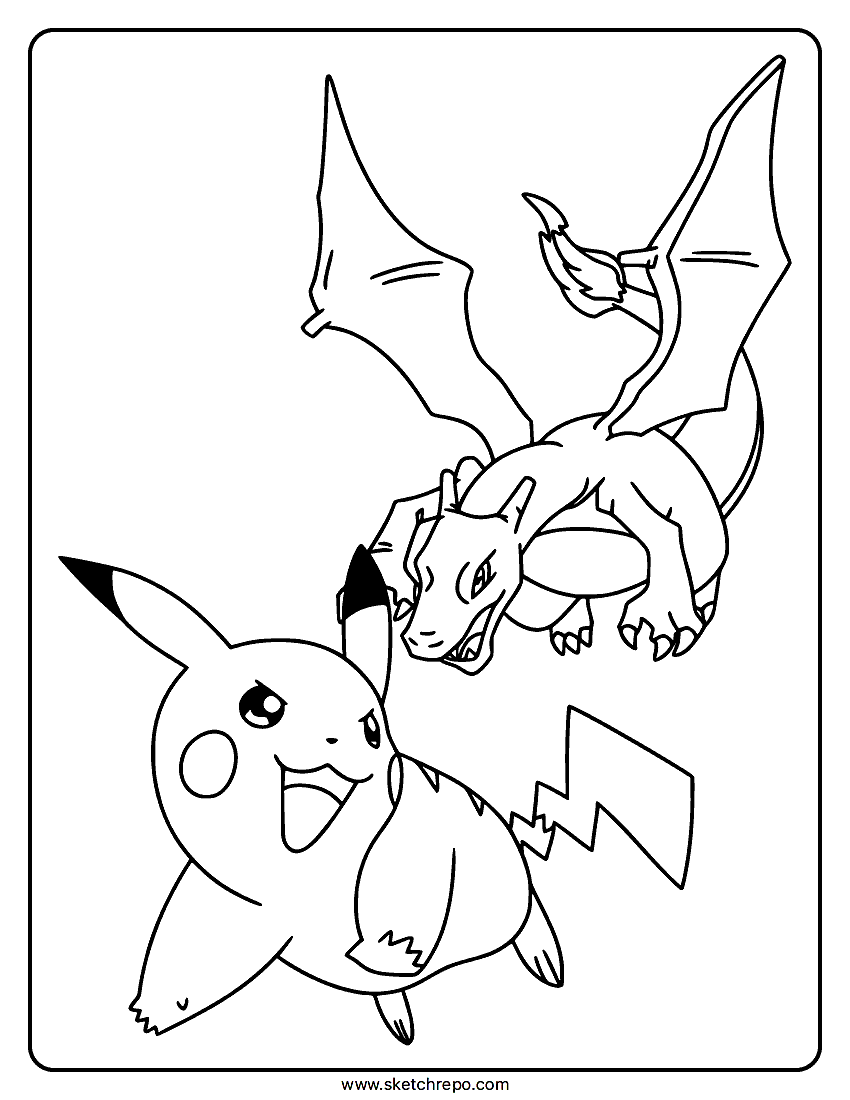 Charizard and Pikachu Coloring Page