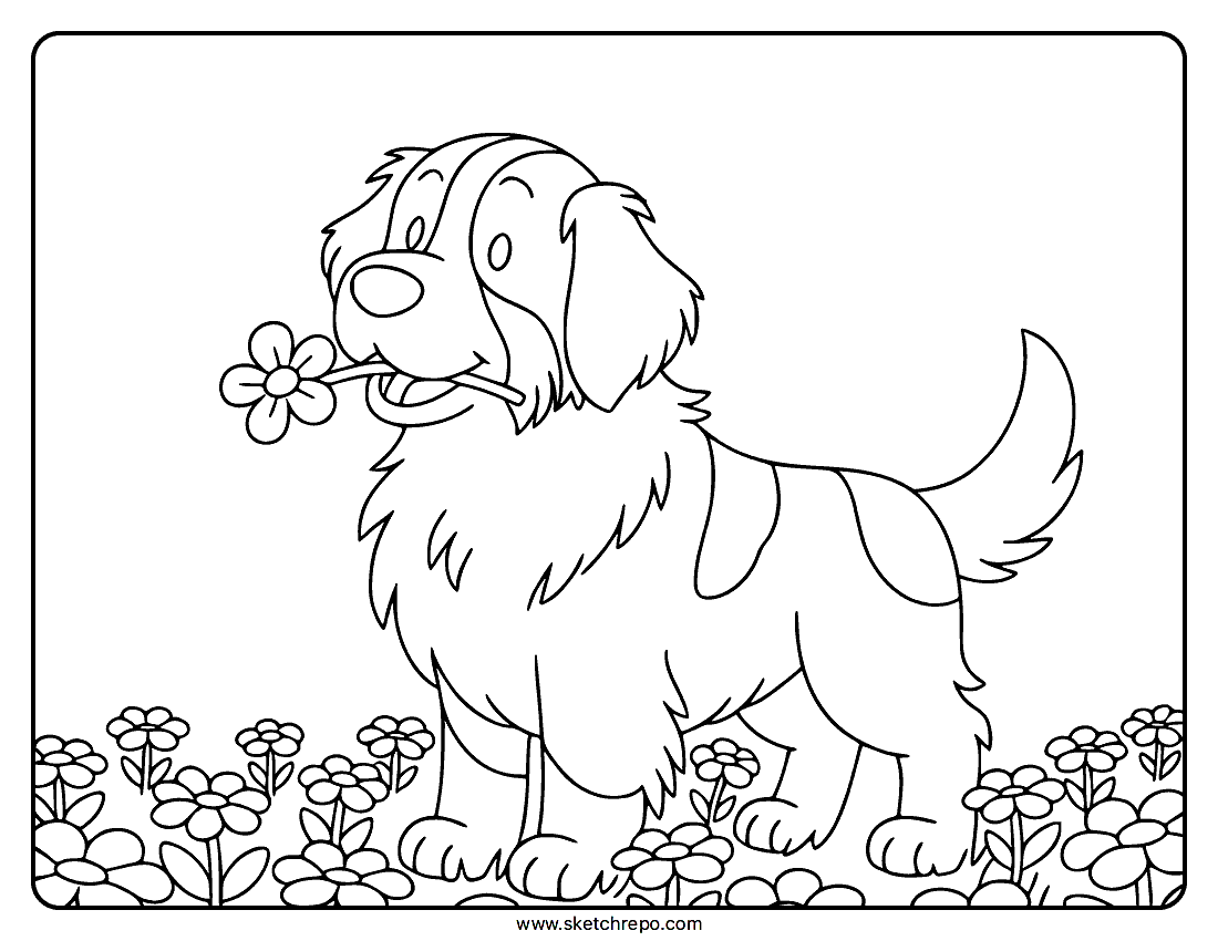 Dog With Flowers Coloring Page