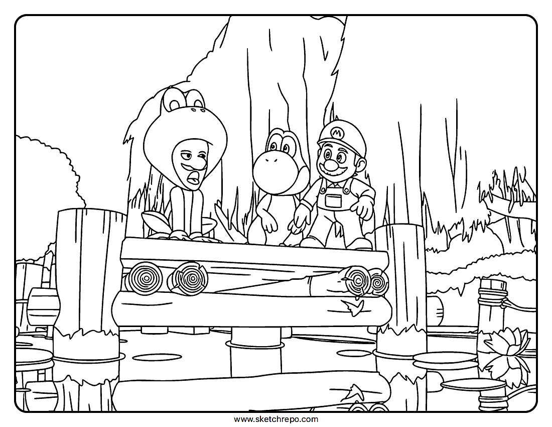 Frog Luigi, Yoshi & Mario Coloring Page
