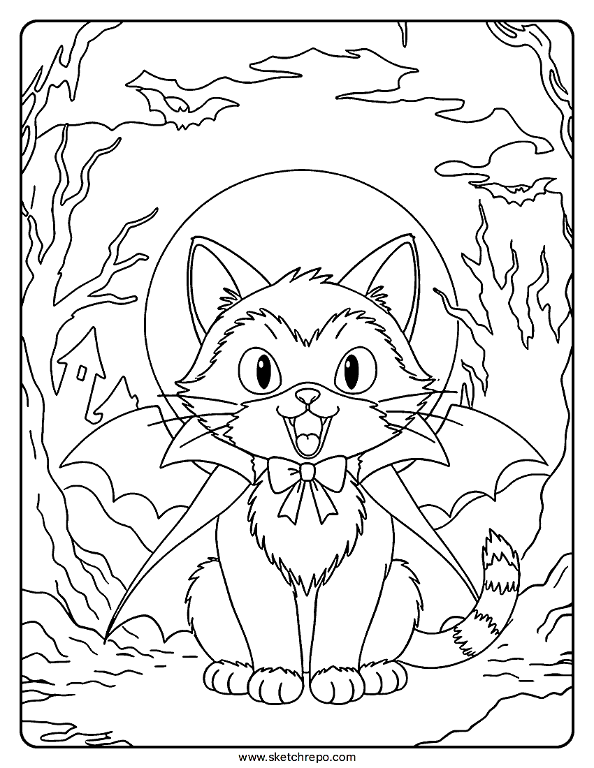 A spooky Halloween black cat coloring sheet in witch the scared cat is sitting on a jack-o-lantern.