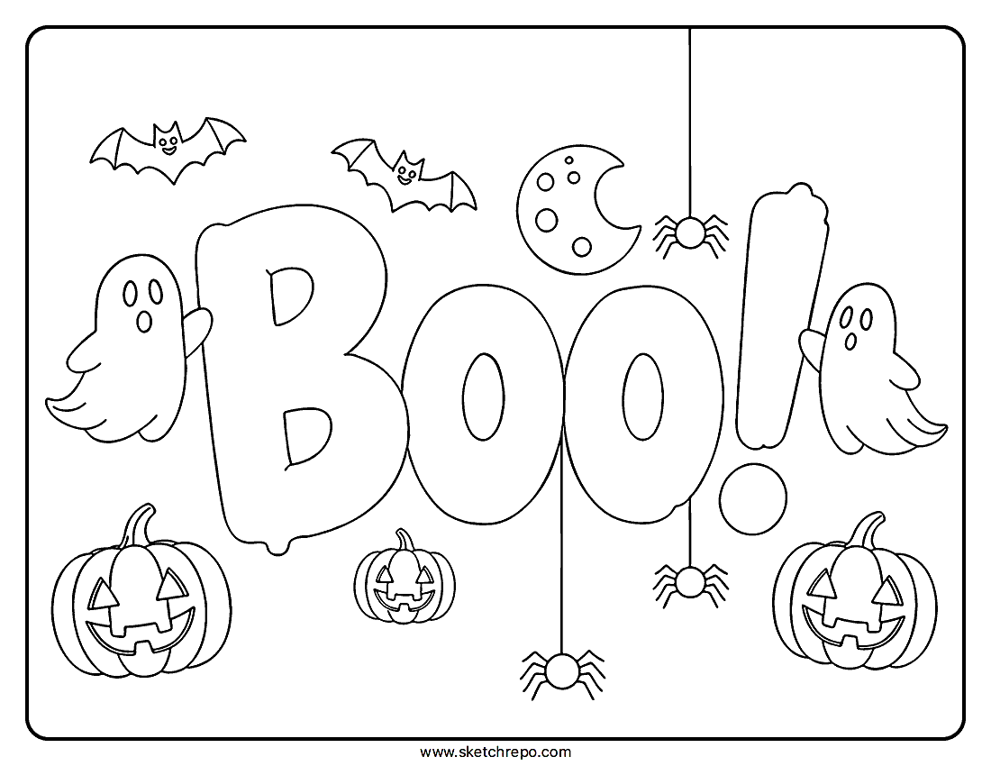 A Halloween “BOO” coloring sheet surrounded by ghosts, bats, spiders and jack-o-lanterns.