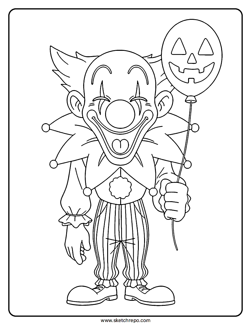 A happy and funny Halloween clown coloring sheet where the clown is holding a baloon with a jack-o-lantern face.