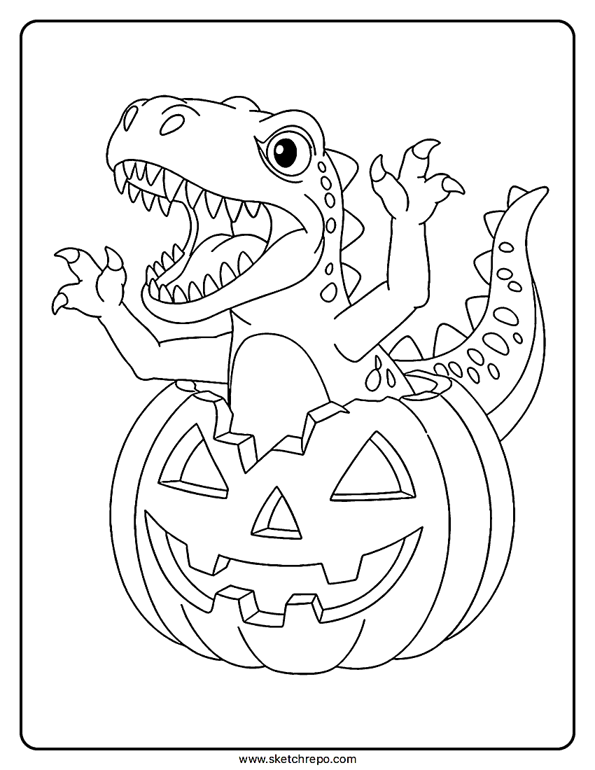 In this Halloween dinosaur coloring sheet you will find a dinosaur hatching out of a jack-o-lantern.