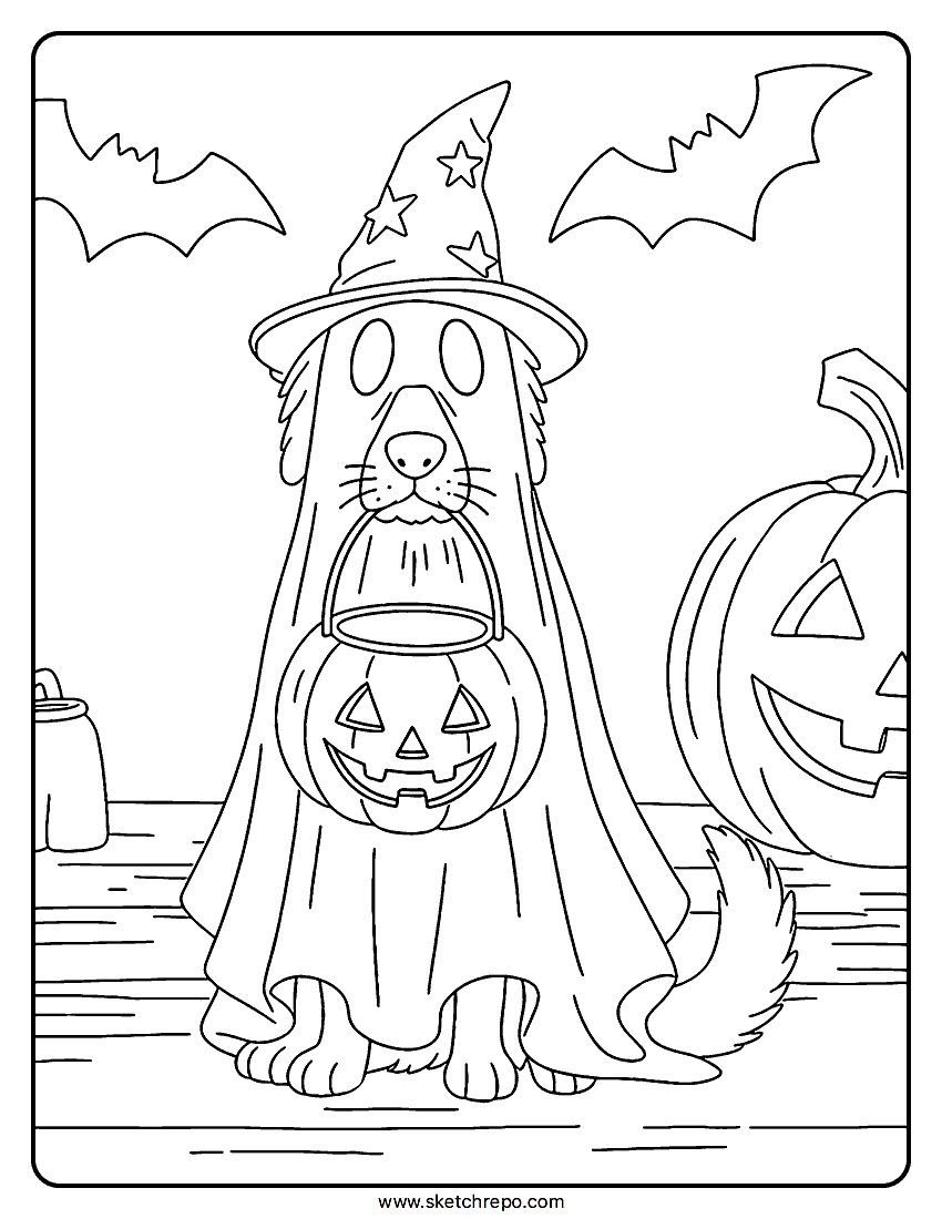 Tis Halloween dog coloring sheet has a cute dog dressed as a ghost with a jack-o-lantern bucket in it’s mouth.