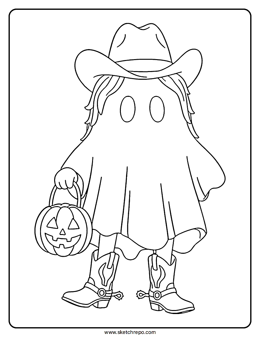 This Halloween ghost cowboy coloring sheet combines two awesome Halloween outfits into one.