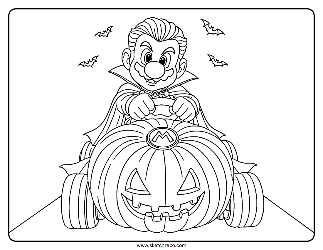 This Halloween Mario coloring sheet has Mario dressed as a vampire while driving a pumpkin kart.
