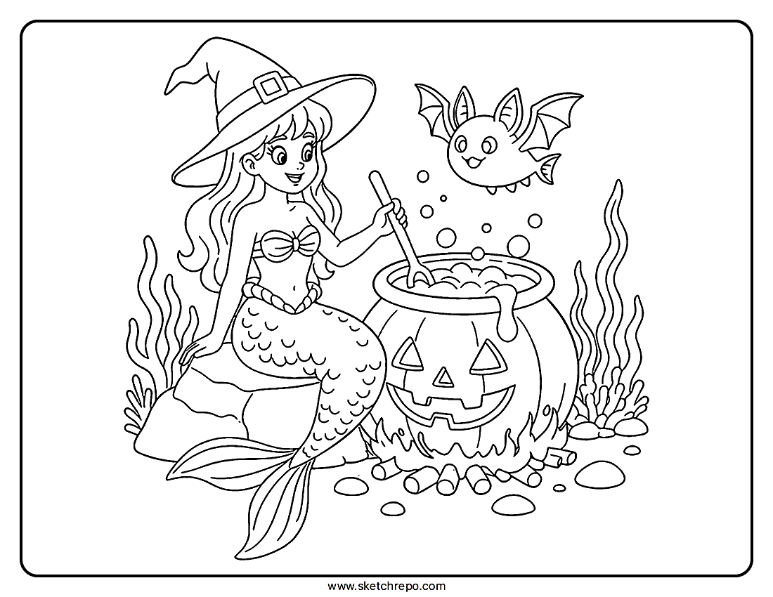 Halloween Mermaid Coloring Page