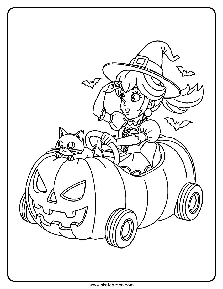 This Halloween Princess Peach coloring sheet has our heroine dressed in a witch outfit driving a pumpkin kart accompanied by a cat and bats.