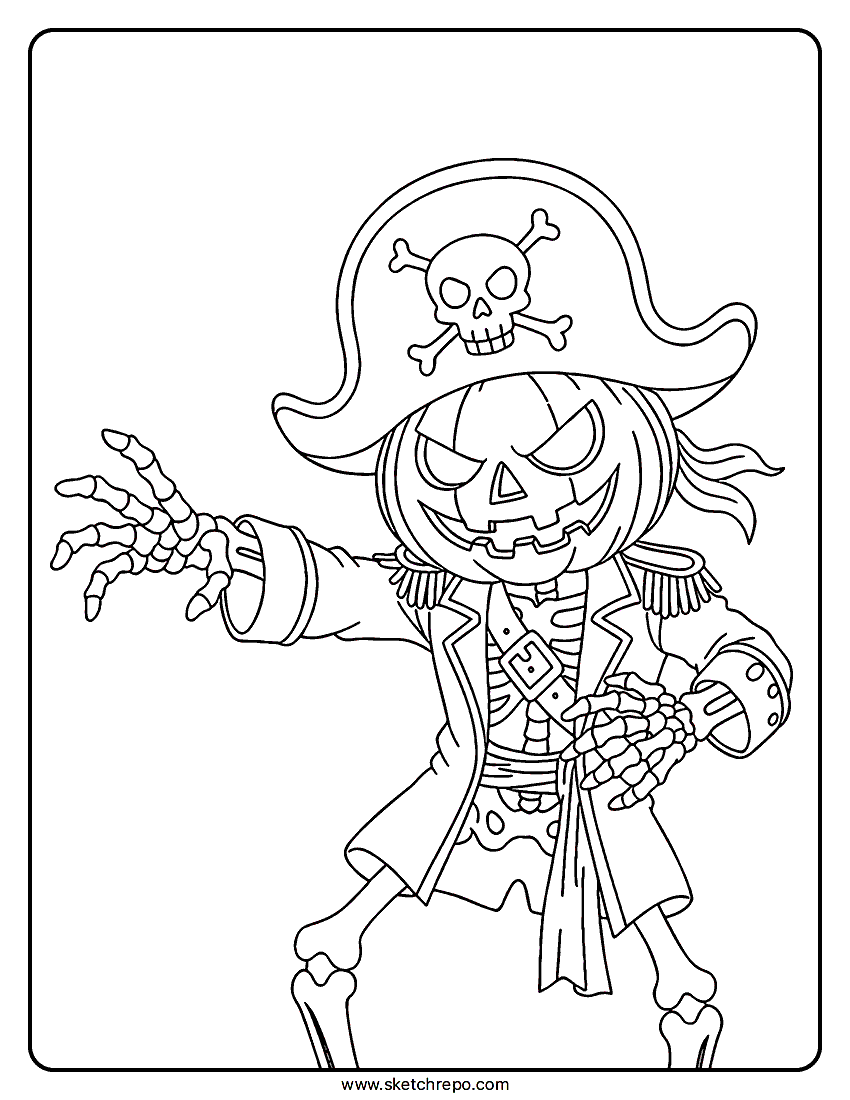 In this Halloween pumpkin head pirate coloring sheet a cool crossover can be found bettwen a pirate, a skeleton and a jack-o-lantern.