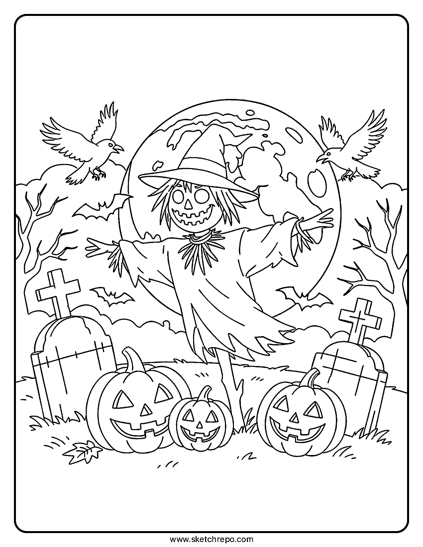 This Halloween scarecrow coloring sheet is a great drawing to have in your line art library during Halloween.