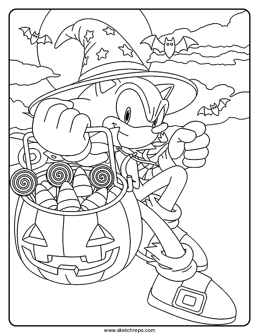 This Halloween Sonic coloring sheet shows Sonic dressed as a wizard holding a trick-or-treat bag filled with candy on a spooky night.